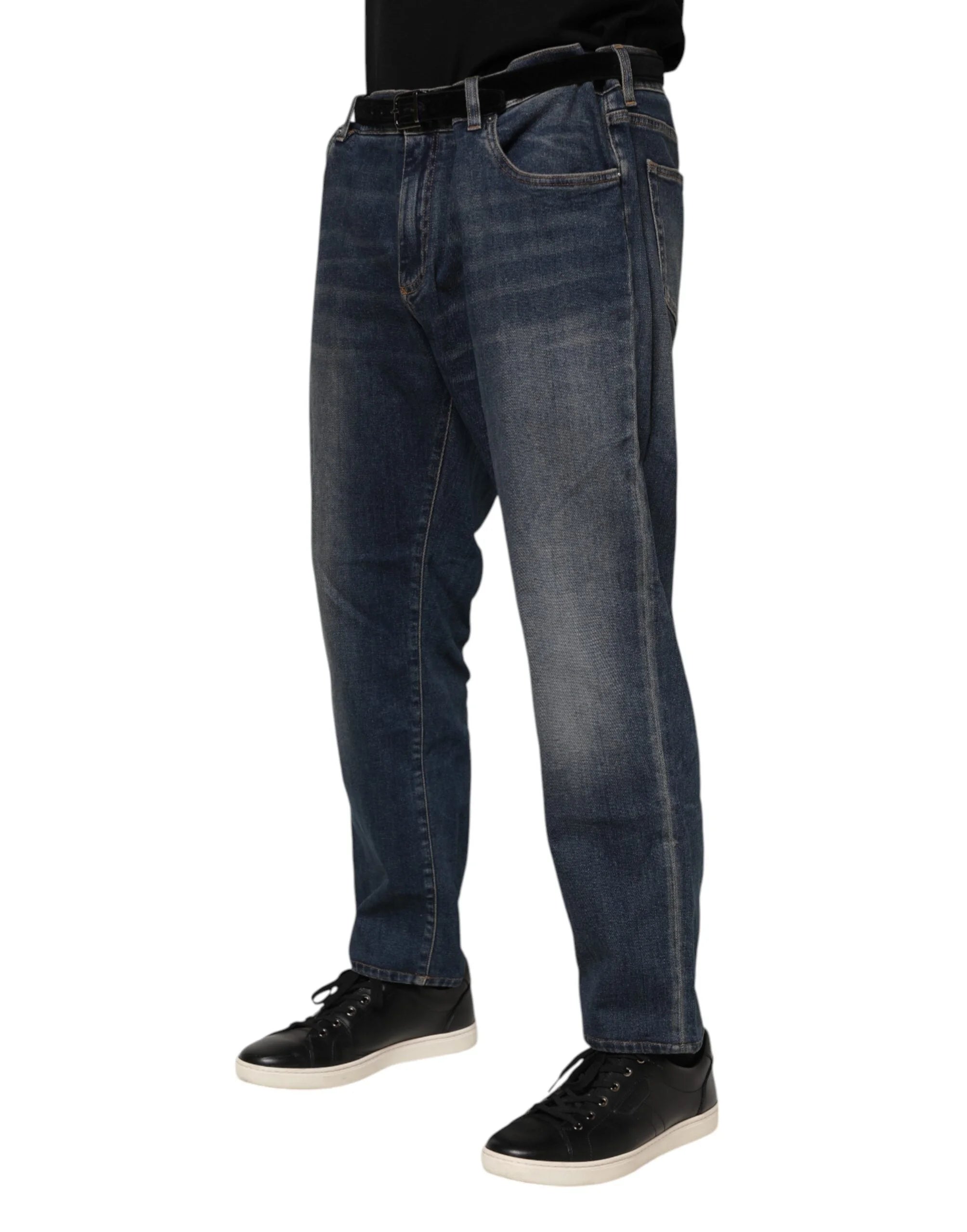 Dolce & Gabbana Blue Cotton Logo Plaque Slim Denim Jeans - IT60 | 3XL