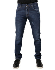 Dolce & Gabbana Blue Cotton Logo Print Slim Fit Denim Jeans - IT48 | M - Jeans