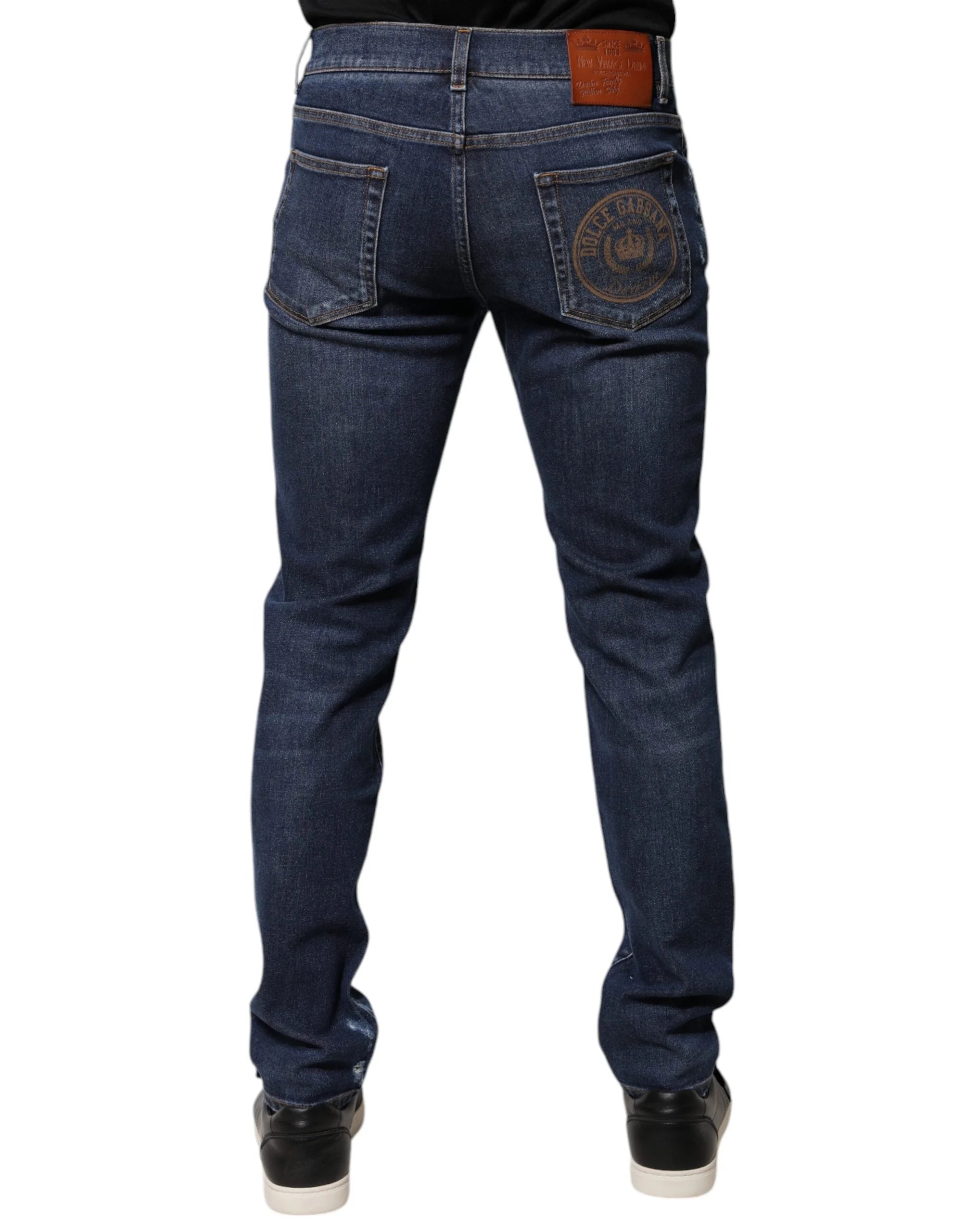 Dolce & Gabbana Blue Cotton Logo Print Slim Fit Denim Jeans - IT48 | M - Jeans