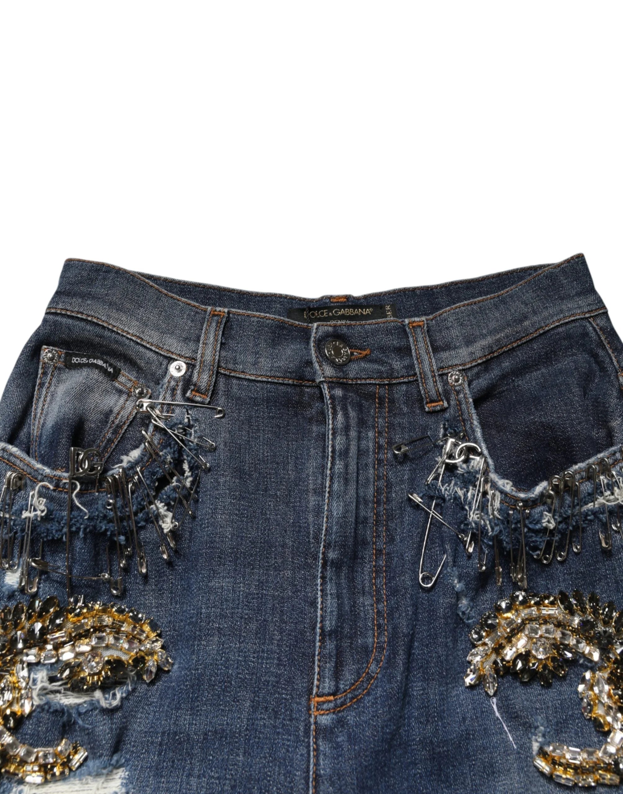 Dolce & Gabbana Blue Cotton Rhinestone Embellish Denim Jeans - IT40|S