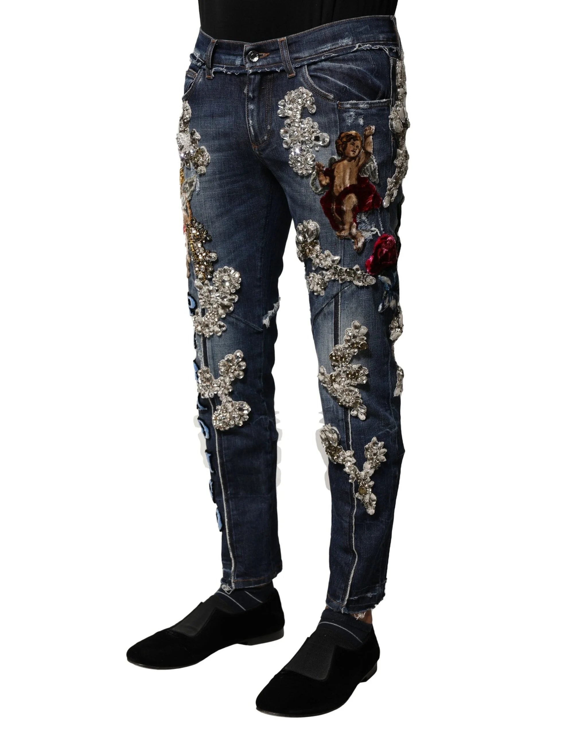 Dolce & Gabbana Blue Cotton Rhinestone Embellish Denim Jeans - IT44 | XS - Jeans