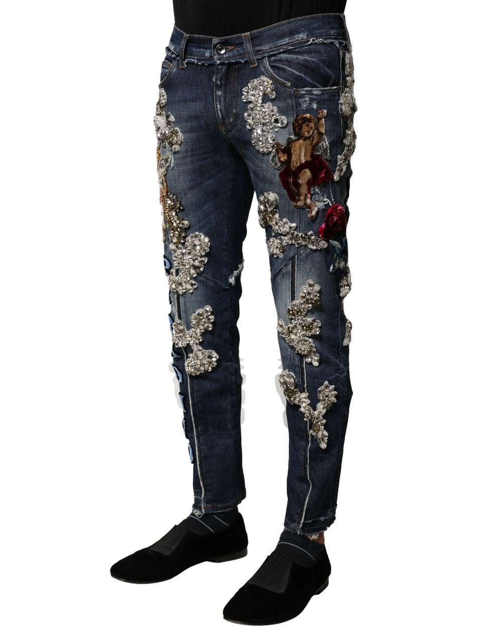 Dolce & Gabbana Blue Cotton Rhinestone Embellish Denim Jeans - IT44 | XS - Jeans
