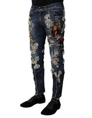Dolce & Gabbana Blue Cotton Rhinestone Embellish Denim Jeans - IT44 | XS - Jeans
