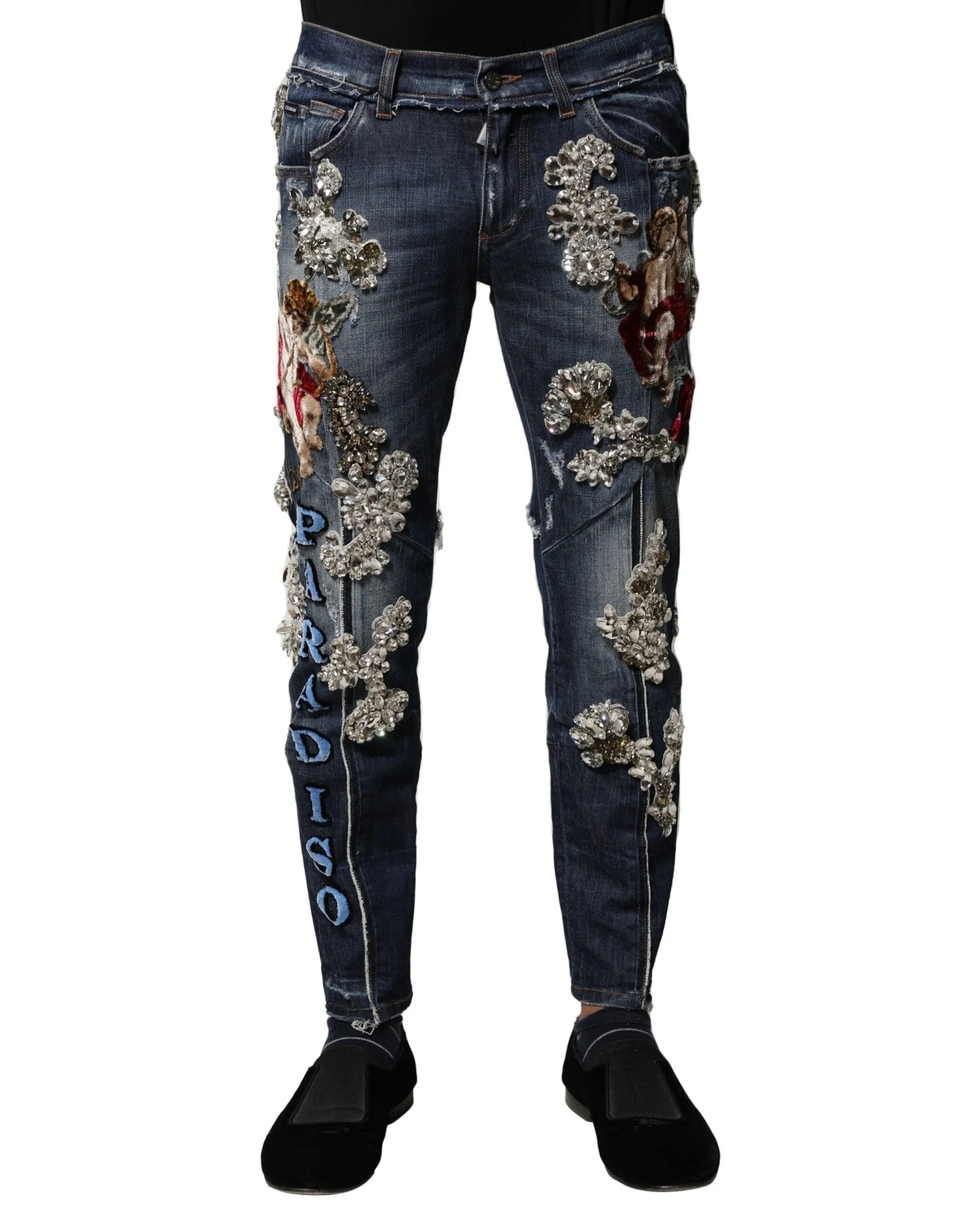 Dolce & Gabbana Blue Cotton Rhinestone Embellish Denim Jeans - IT44 | XS - Jeans