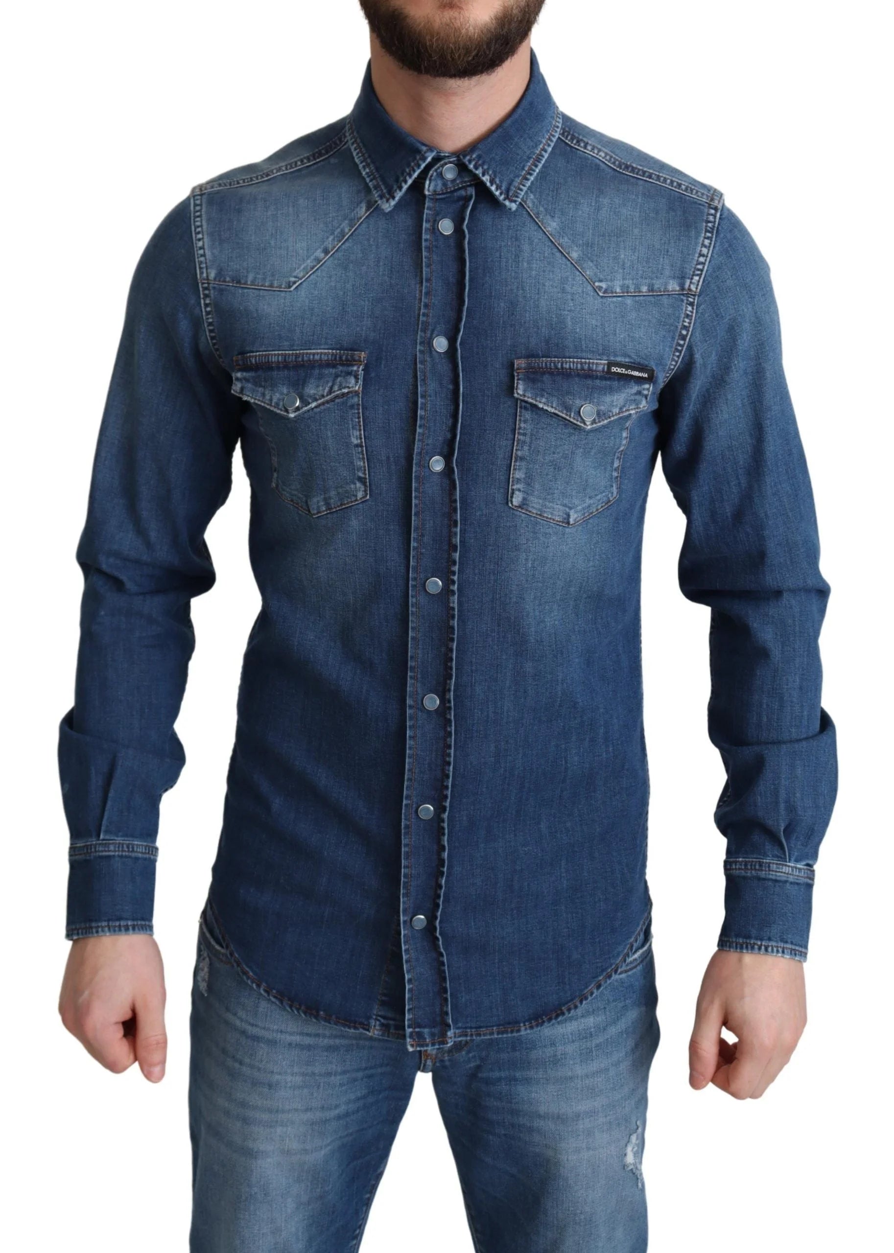 Dolce & Gabbana Blue Cotton Stretch Long Sleeves Denim Shirt - IT38 | XS - Shirts