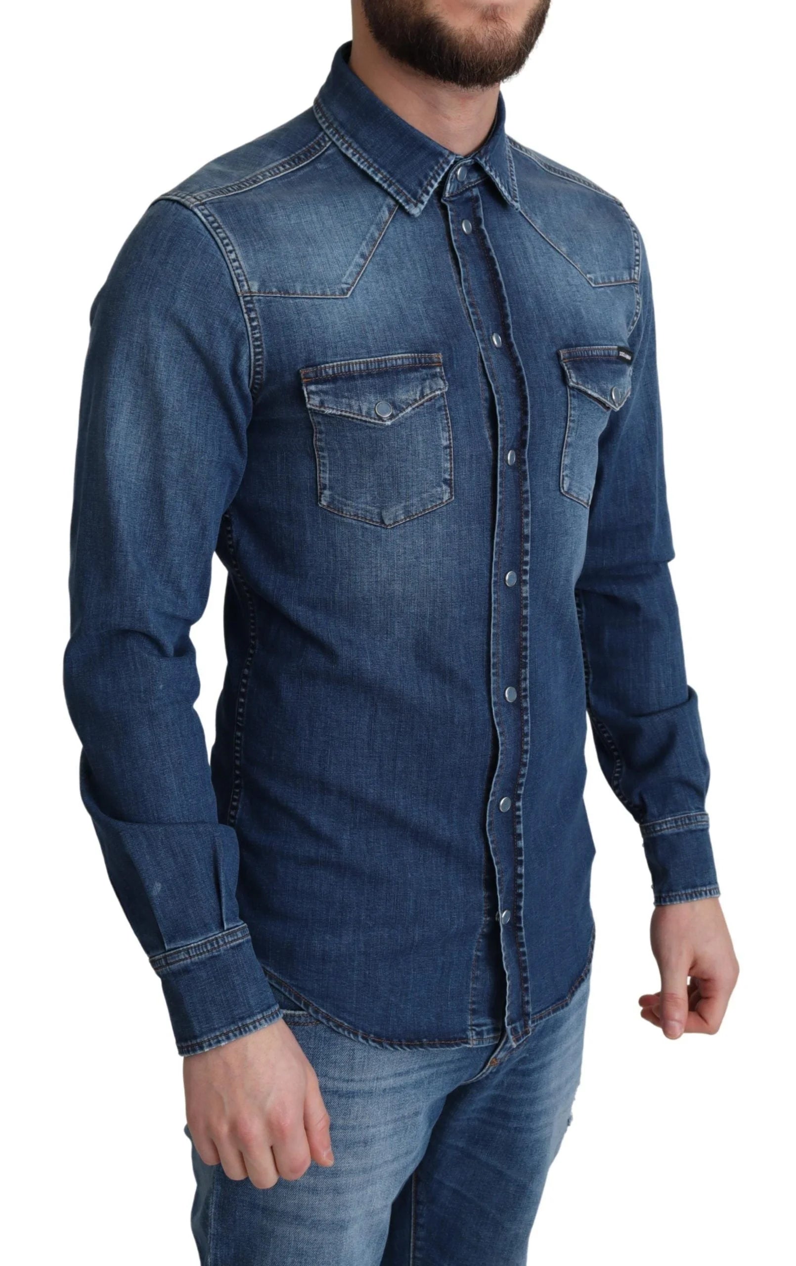 Dolce & Gabbana Blue Cotton Stretch Long Sleeves Denim Shirt - IT38 | XS - Shirts