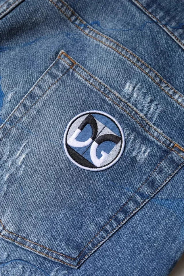 Dolce & Gabbana Blue Cotton Stretch Tattered Skinny Denim Jeans - Jeans