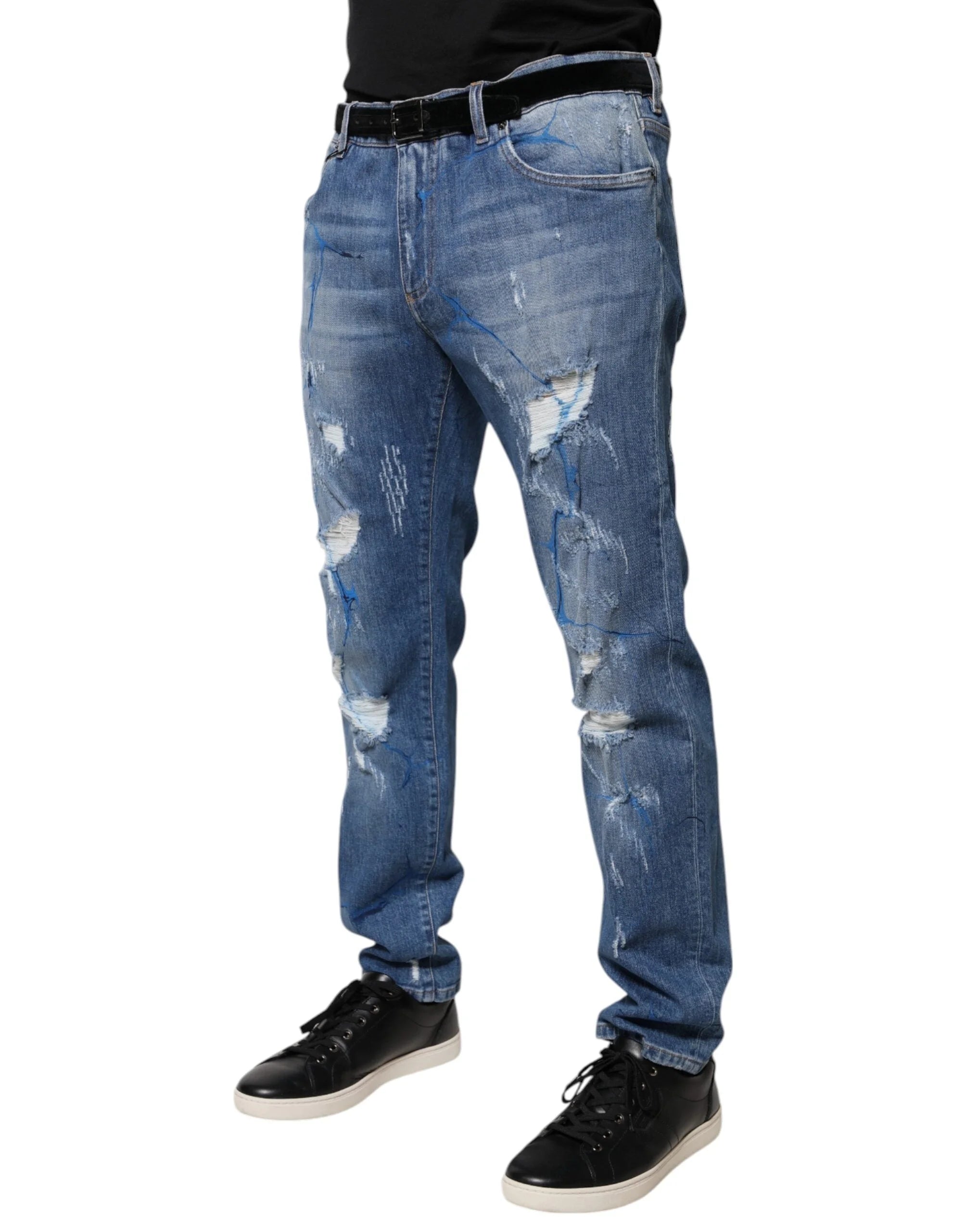 Dolce & Gabbana Blue Cotton Stretch Tattered Skinny Denim Jeans - Jeans