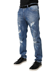 Dolce & Gabbana Blue Cotton Stretch Tattered Skinny Denim Jeans - Jeans