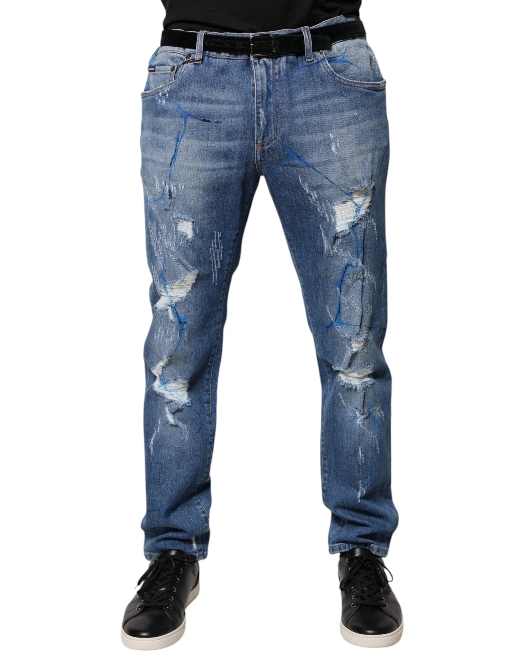 Dolce & Gabbana Blue Cotton Stretch Tattered Skinny Denim Jeans - Jeans