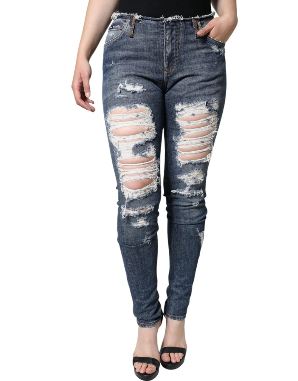 Dolce & Gabbana Blue Cotton Stretch Tattered Skinny Jeans - IT40|S - Jeans