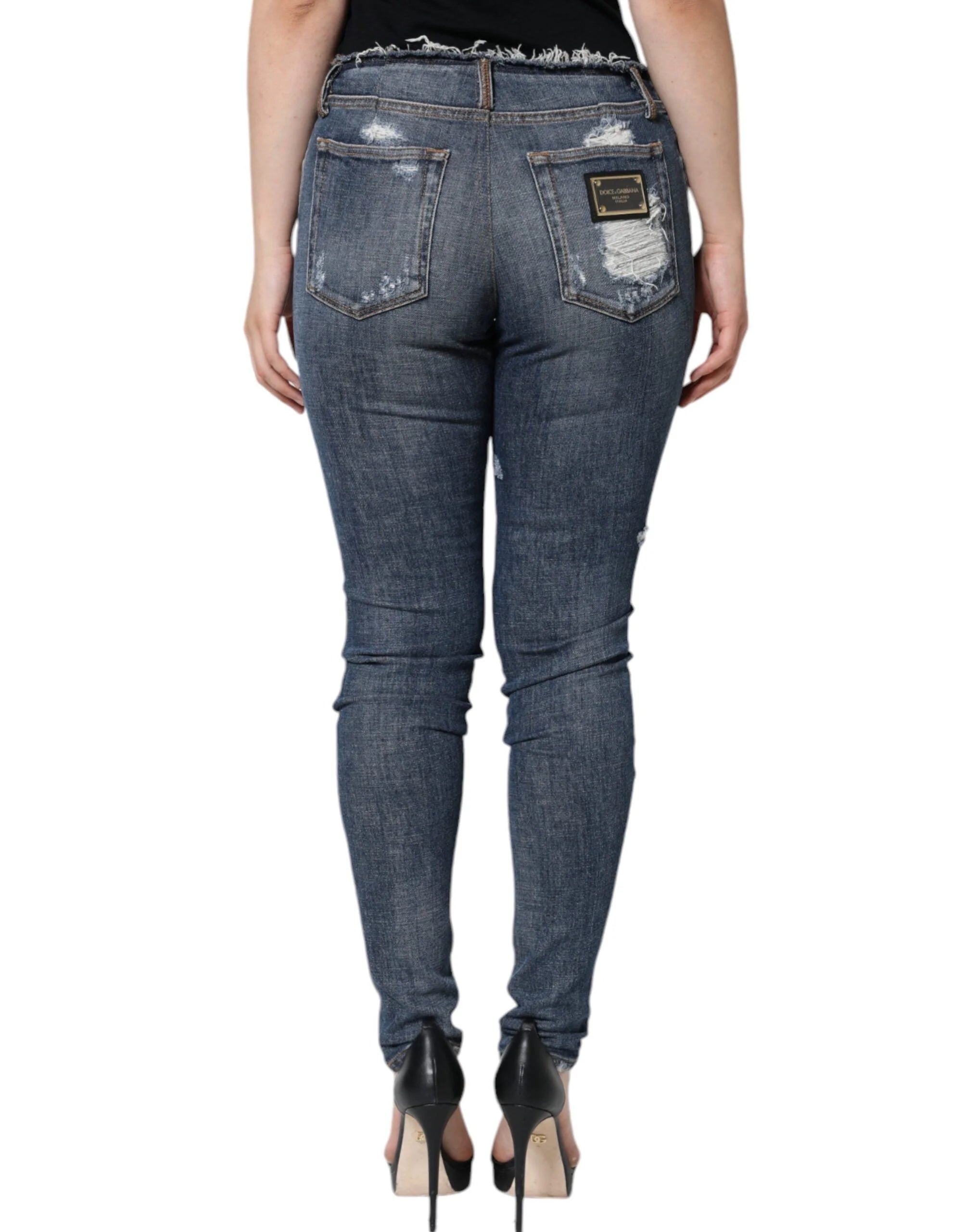 Dolce & Gabbana Blue Cotton Stretch Tattered Skinny Jeans - IT40|S - Jeans