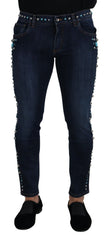 Dolce & Gabbana Blue Cotton Studded Low Waist Denim Jeans - IT48 | M - Jeans