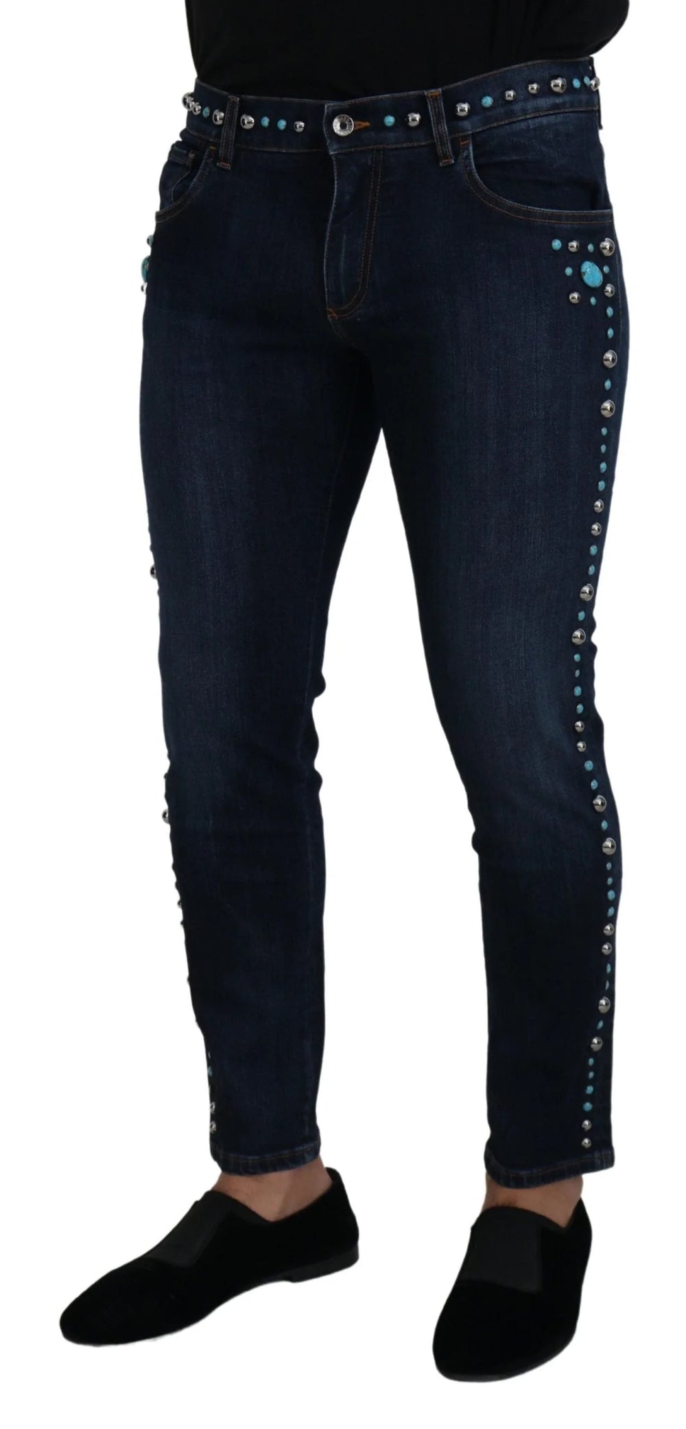 Dolce & Gabbana Blue Cotton Studded Low Waist Denim Jeans - IT48 | M - Jeans