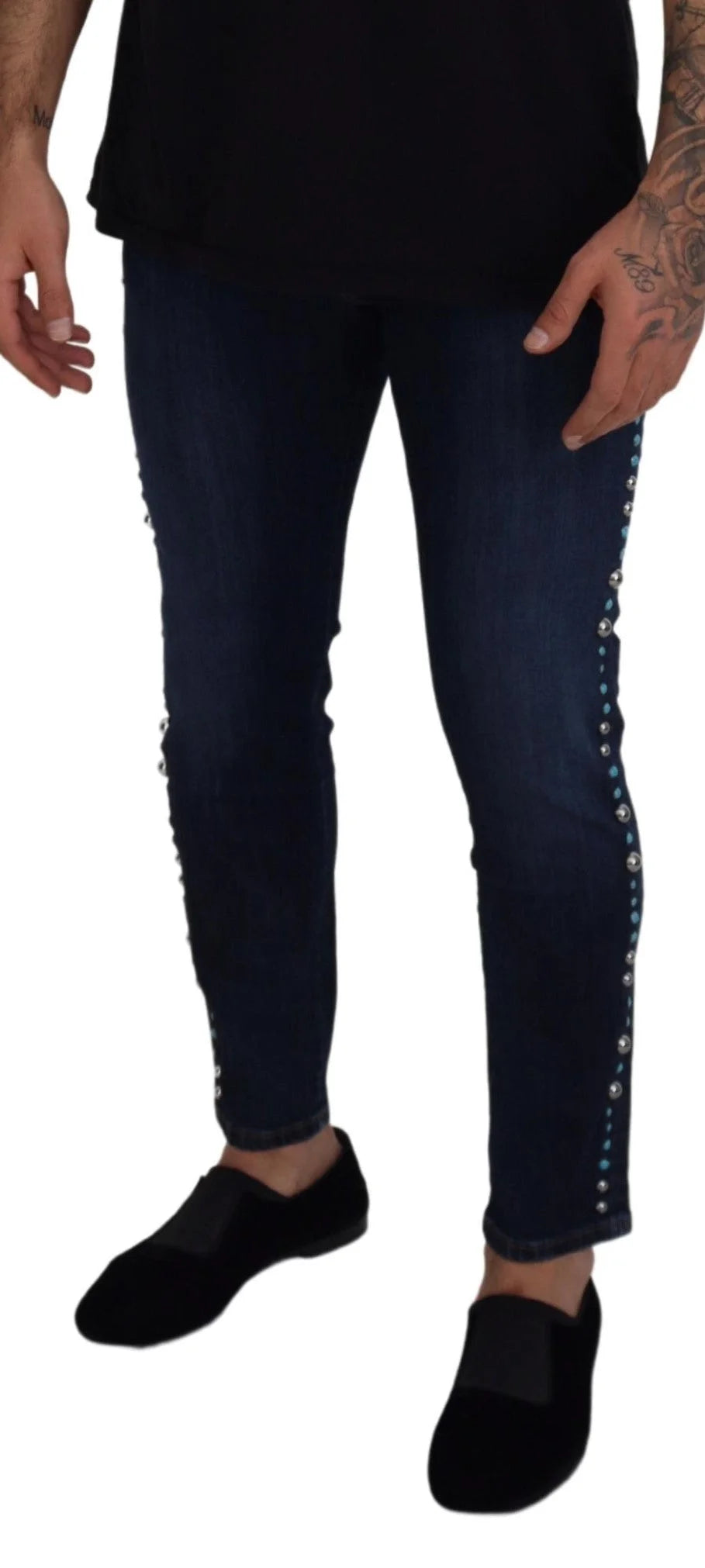 Dolce & Gabbana Blue Cotton Studded Low Waist Denim Jeans - IT48 | M - Jeans