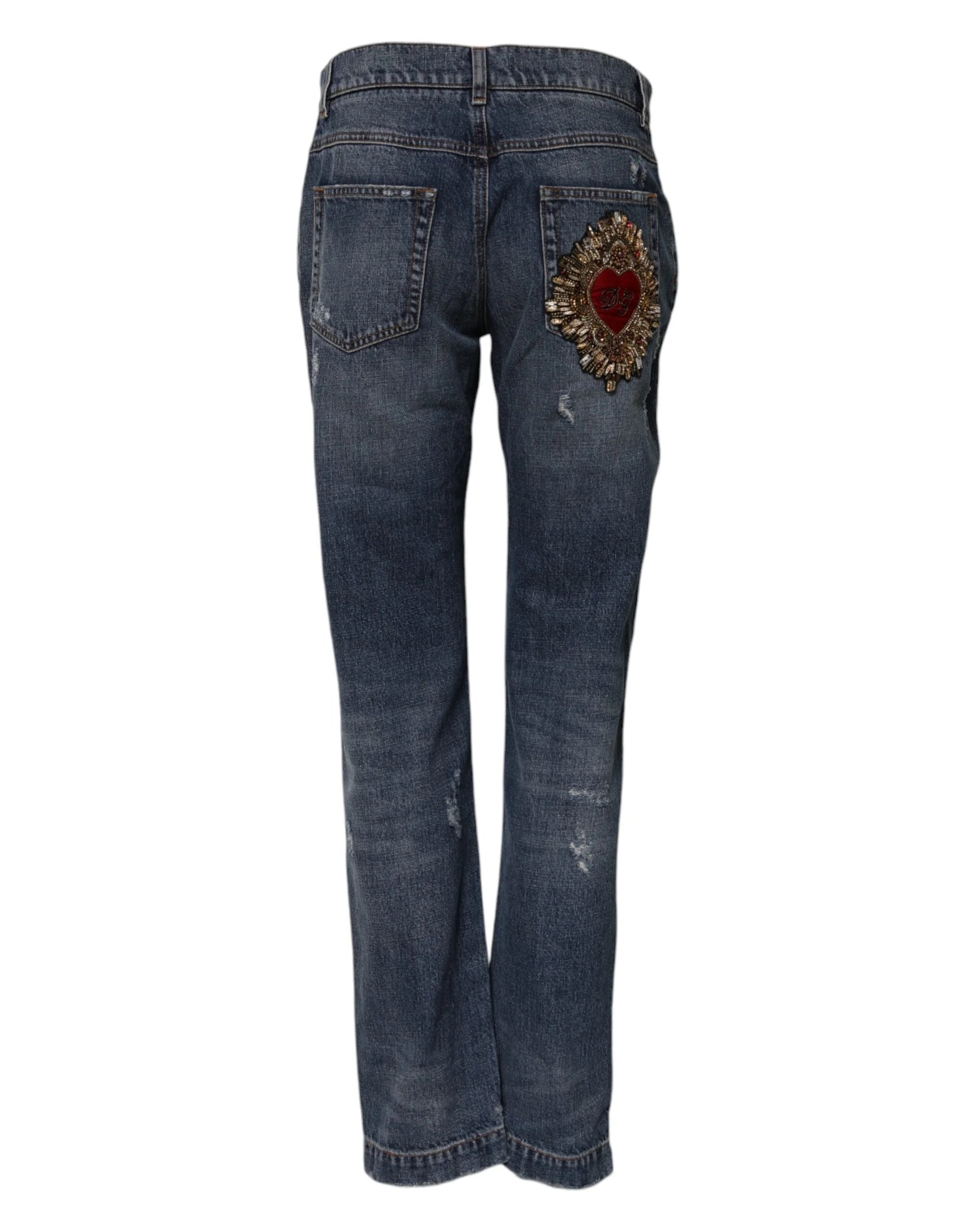 Dolce & Gabbana Blue Cotton Tattered Boyfriend Denim Jeans - IT38 | XS - Jeans