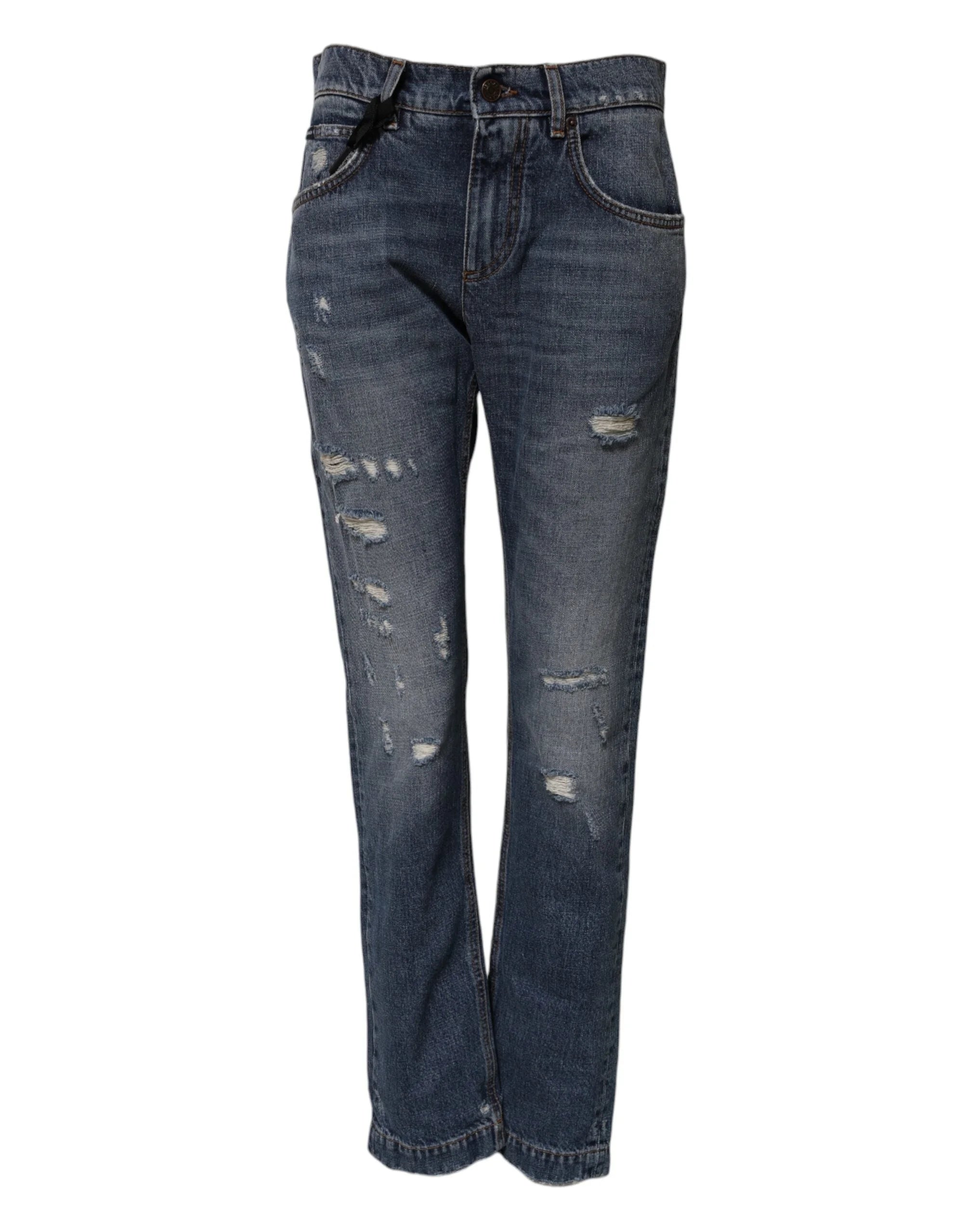 Dolce & Gabbana Blue Cotton Tattered Boyfriend Denim Jeans - IT38 | XS - Jeans