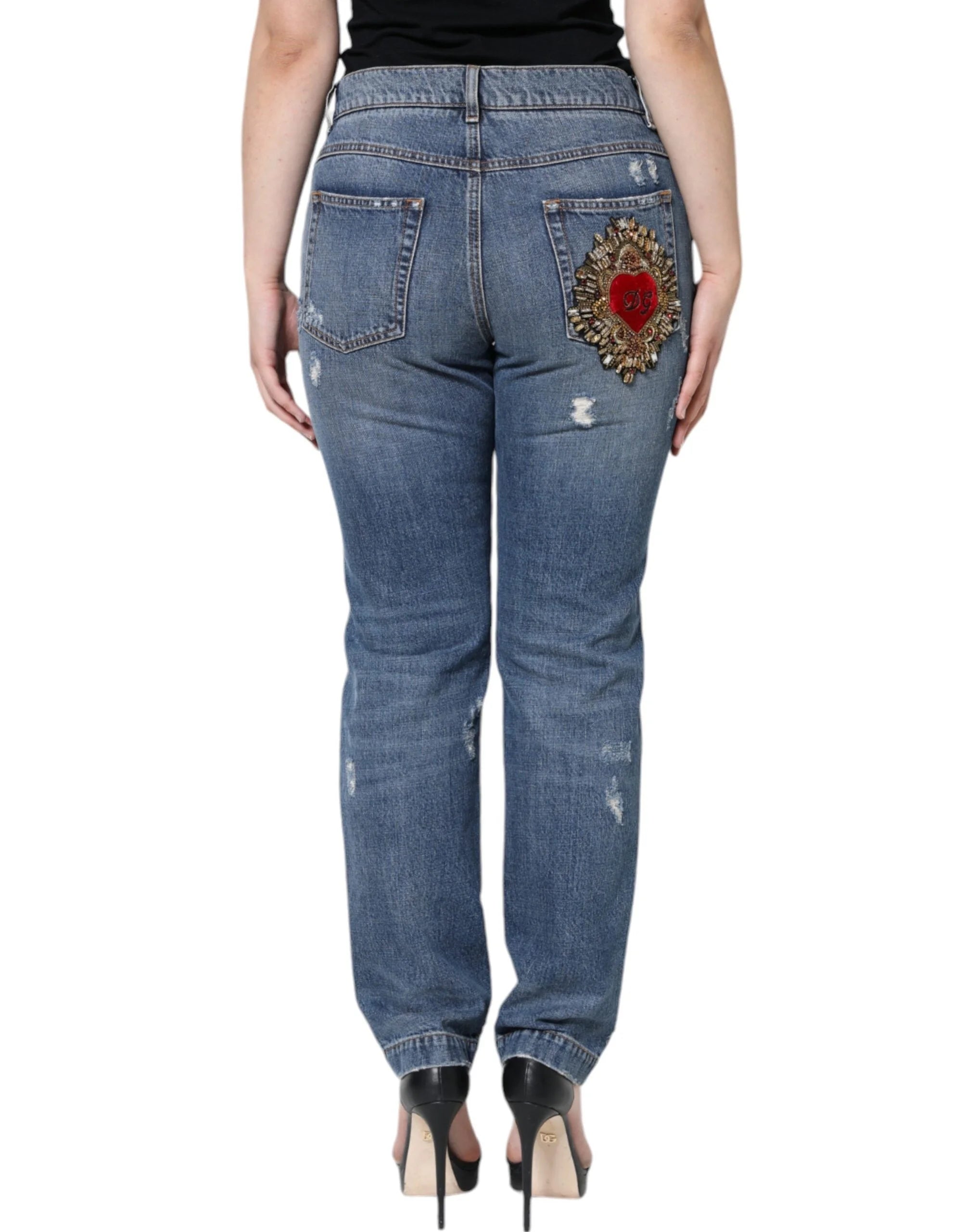 Dolce & Gabbana Blue Cotton Tattered Boyfriend Denim Jeans - IT42|M - Jeans
