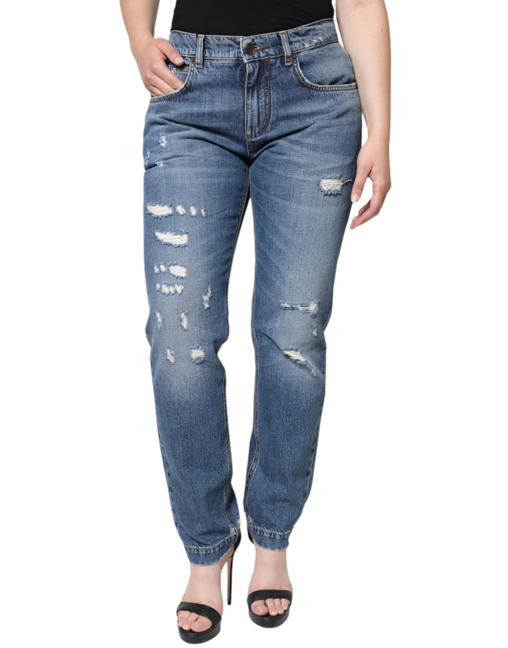 Dolce & Gabbana Blue Cotton Tattered Boyfriend Denim Jeans - IT42|M - Jeans