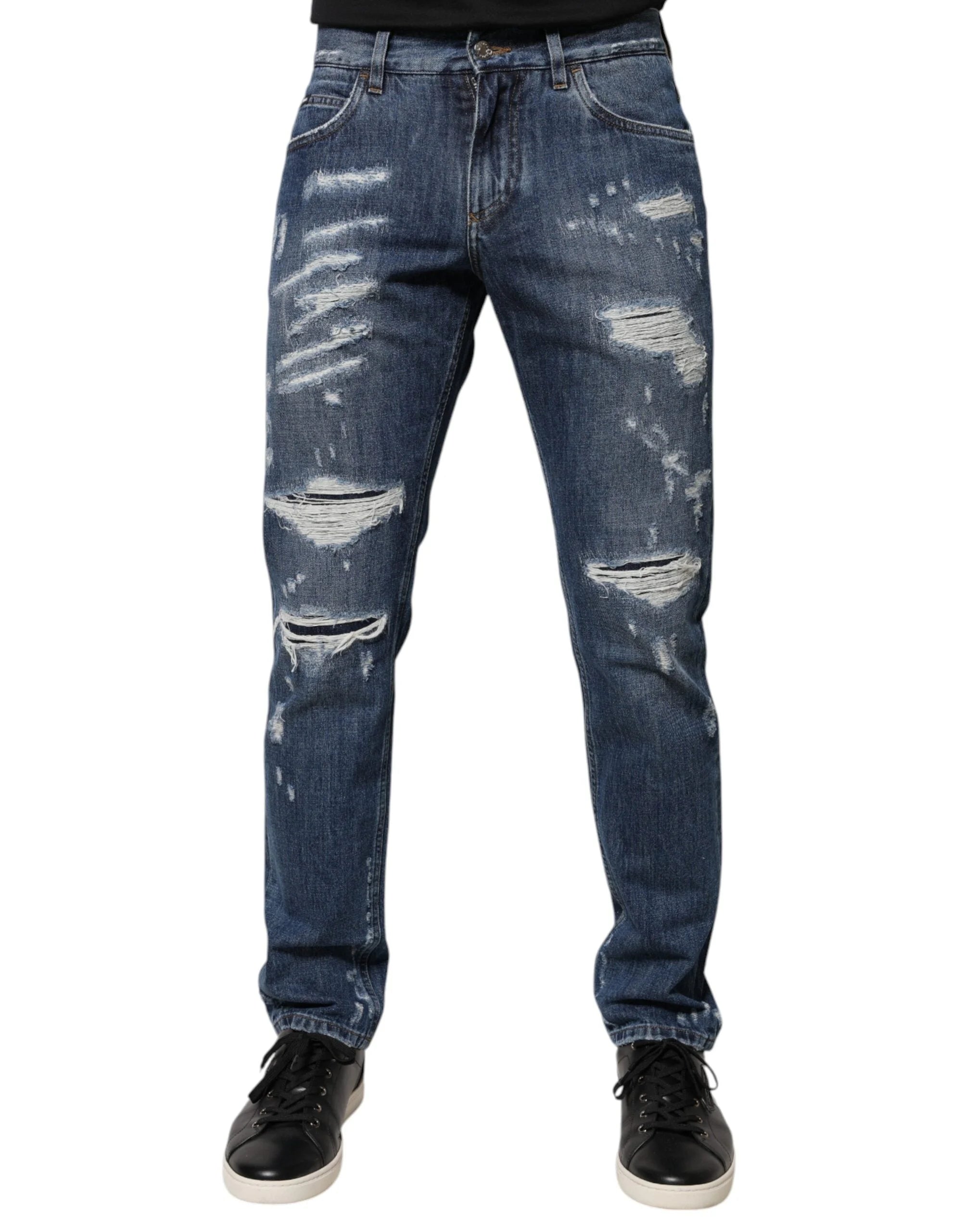 Dolce & Gabbana Blue Cotton Tattered Skinny Denim Jeans - IT46 | S - Jeans