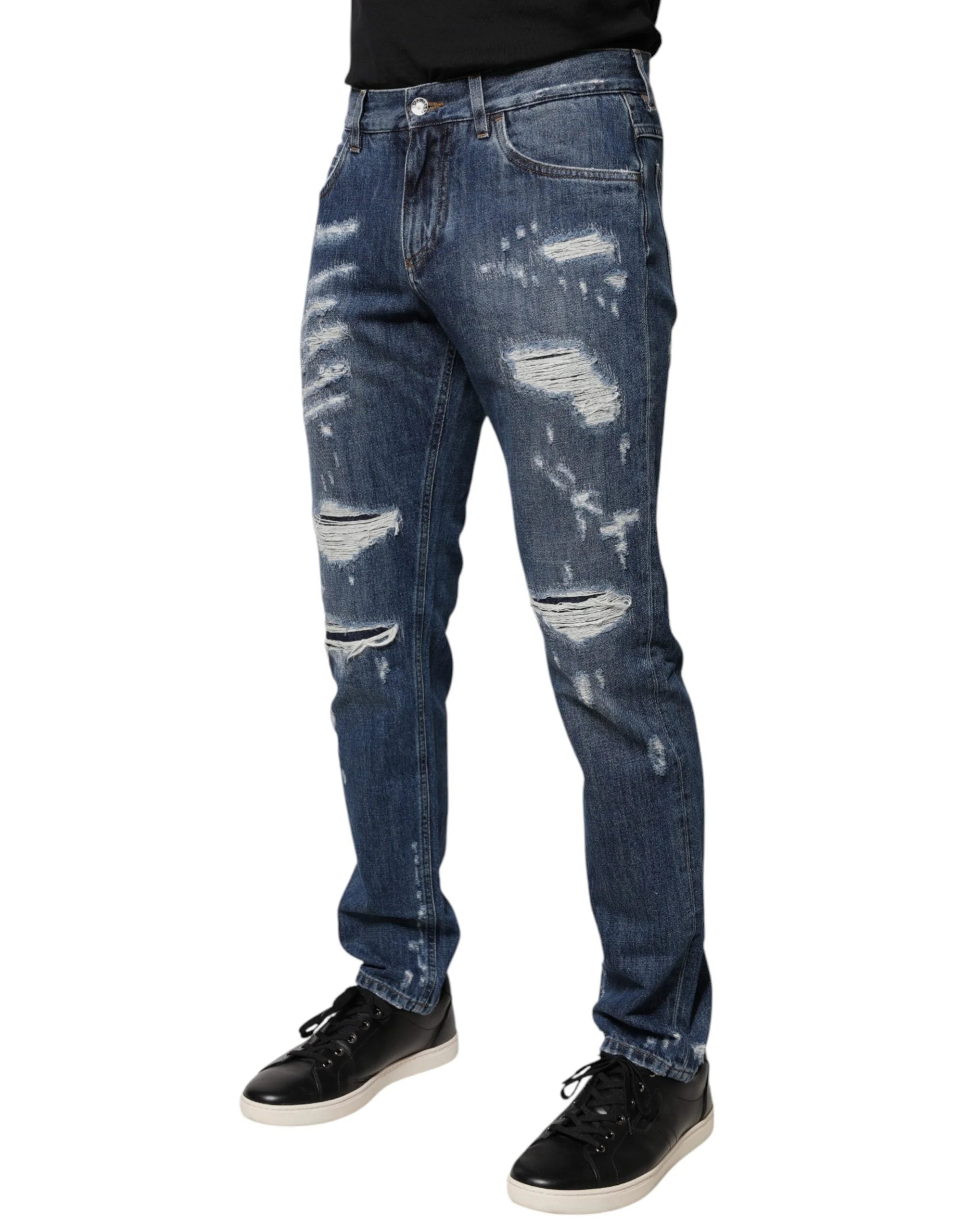 Dolce & Gabbana Blue Cotton Tattered Skinny Denim Jeans - IT46 | S - Jeans