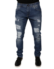 Dolce & Gabbana Blue Cotton Tattered Skinny Denim Jeans - IT52 | XL - Jeans