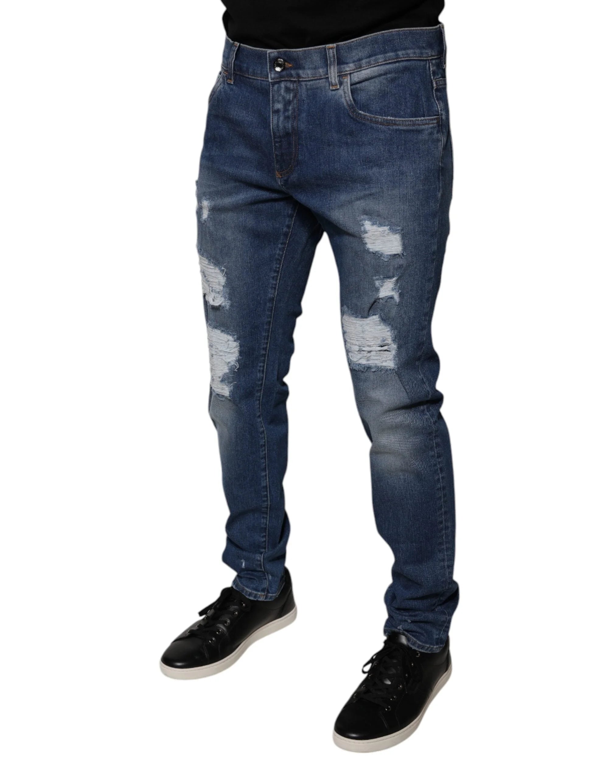 Dolce & Gabbana Blue Cotton Tattered Skinny Denim Jeans - IT52 | XL - Jeans