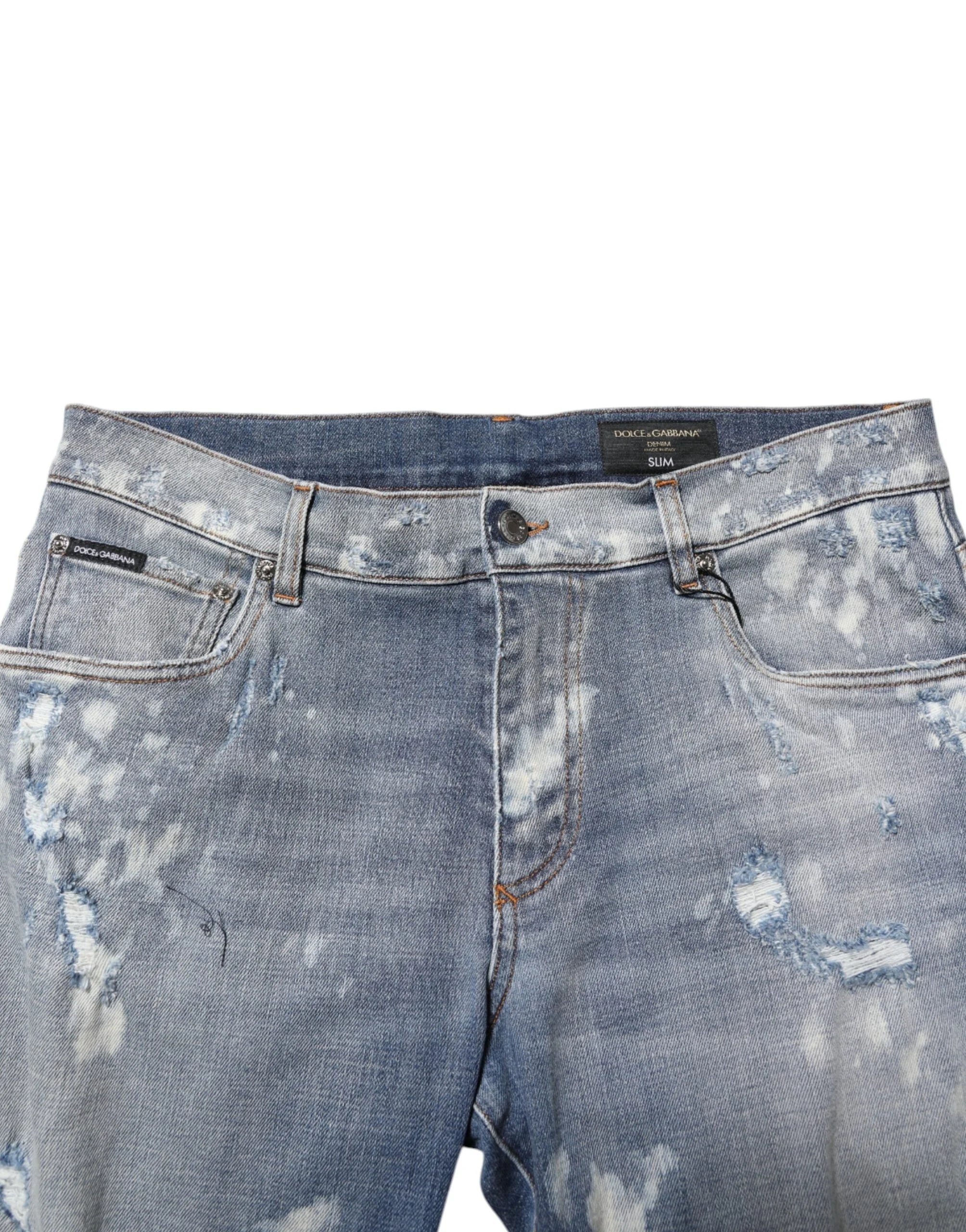 Dolce & Gabbana Blue Cotton Tattered Slim Fit Men Denim Jeans - IT50 | L - Jeans