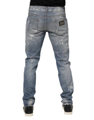 Dolce & Gabbana Blue Cotton Tattered Slim Fit Men Denim Jeans - IT50 | L - Jeans
