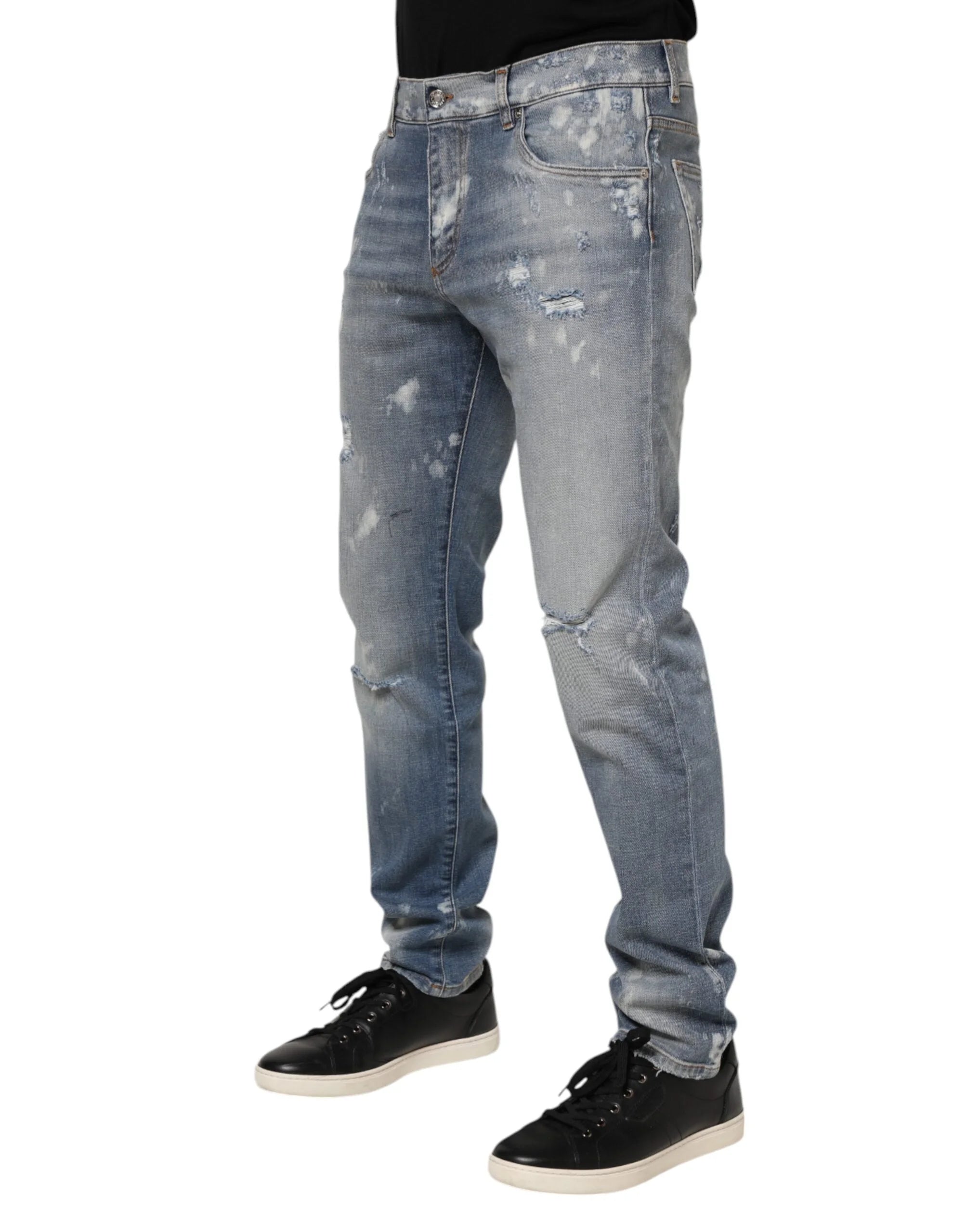 Dolce & Gabbana Blue Cotton Tattered Slim Fit Men Denim Jeans - IT50 | L - Jeans