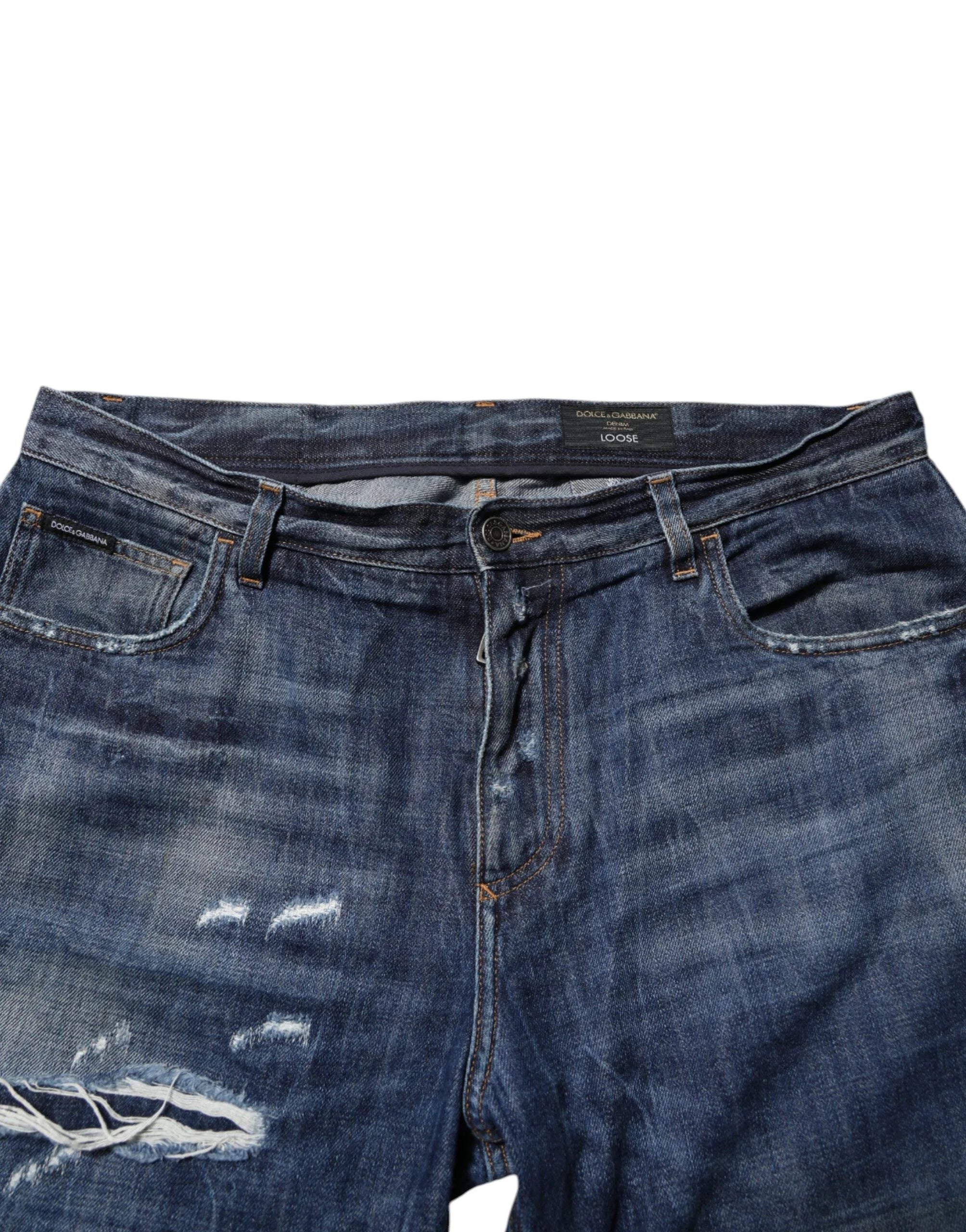 Dolce & Gabbana Blue Cotton Tattered Tapered Men Denim Jeans - IT50 | L