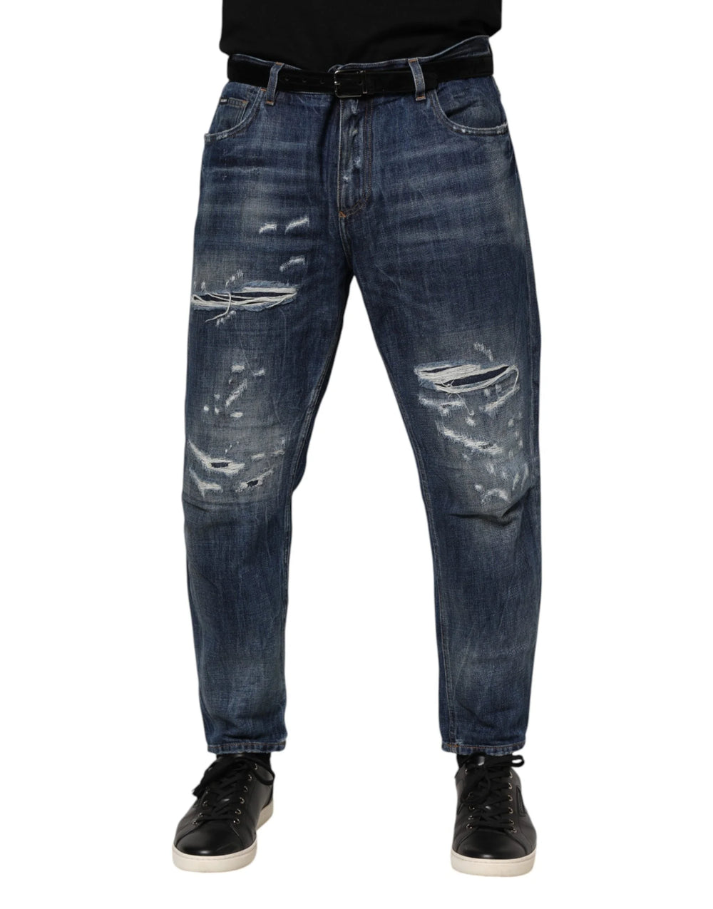 Dolce & Gabbana Blue Cotton Tattered Tapered Men Denim Jeans - IT50 | L - Jeans