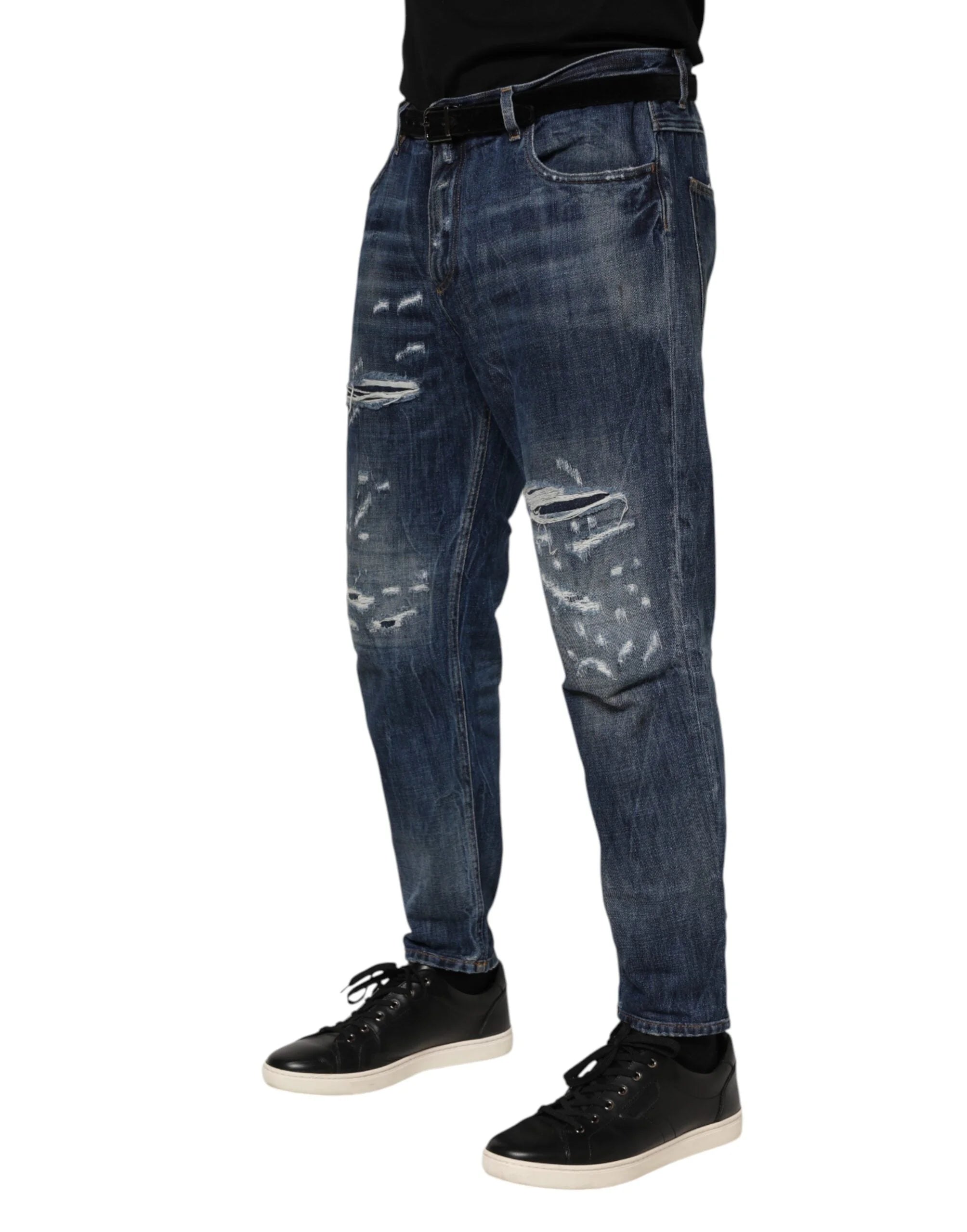 Dolce & Gabbana Blue Cotton Tattered Tapered Men Denim Jeans - IT50 | L - Jeans