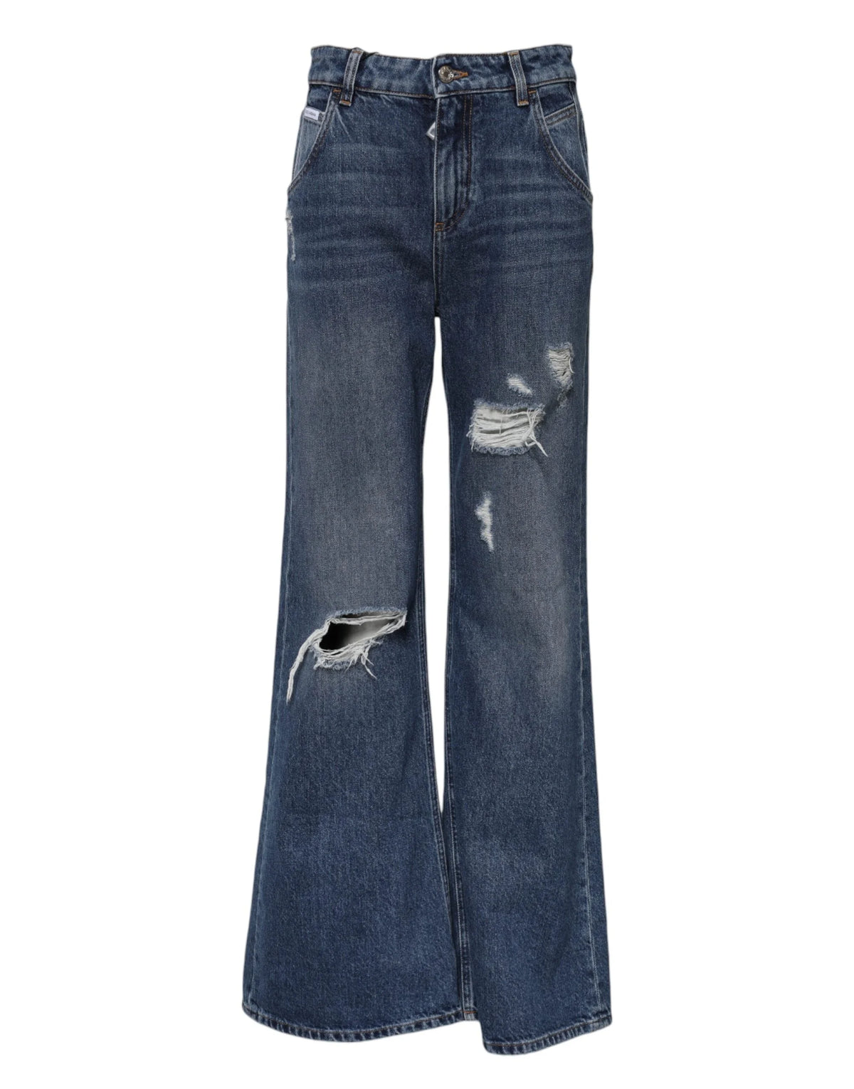 Dolce & Gabbana Blue Cotton Wide Leg Tattered Denim Jeans - Jeans
