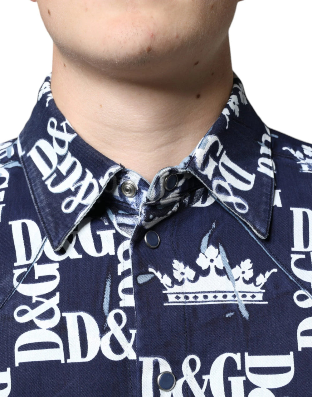 Dolce & Gabbana Blue Crown Logo Print Slim Fit Cotton Shirt - Shirts
