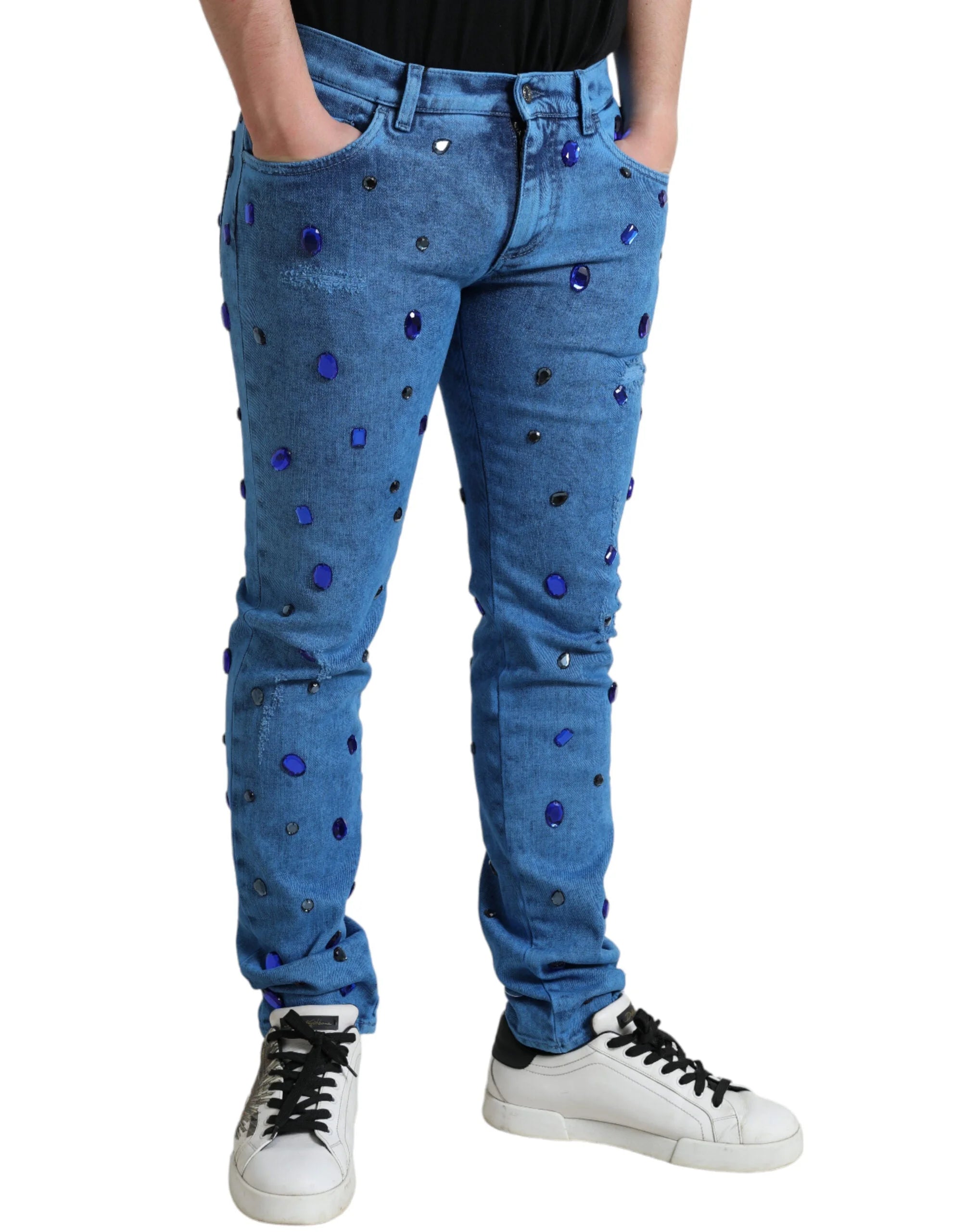 Dolce & Gabbana Blue Crystal Embellished Skinny Denim Jeans - Jeans
