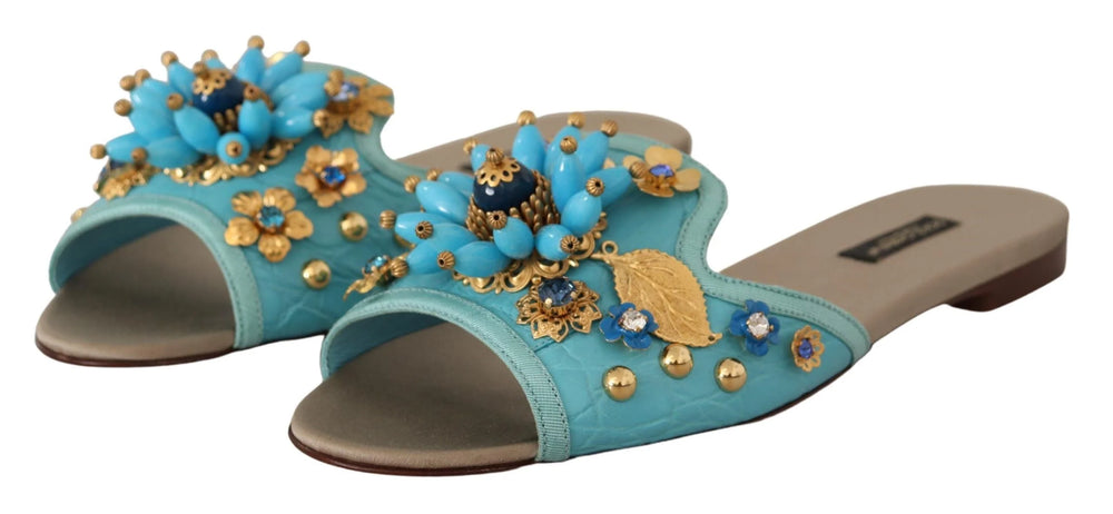 Dolce & Gabbana Blue Crystal Exotic Leather Blue Crystal Sandals - EU35/US4.5
