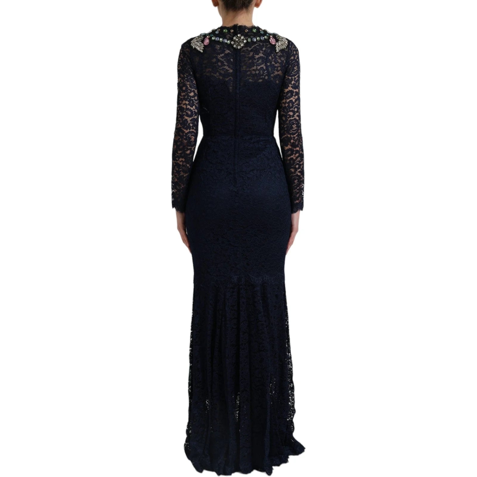 Dolce & Gabbana Blue Crystal Floral Lace Long Gown Dress - IT38|XS - Dresses
