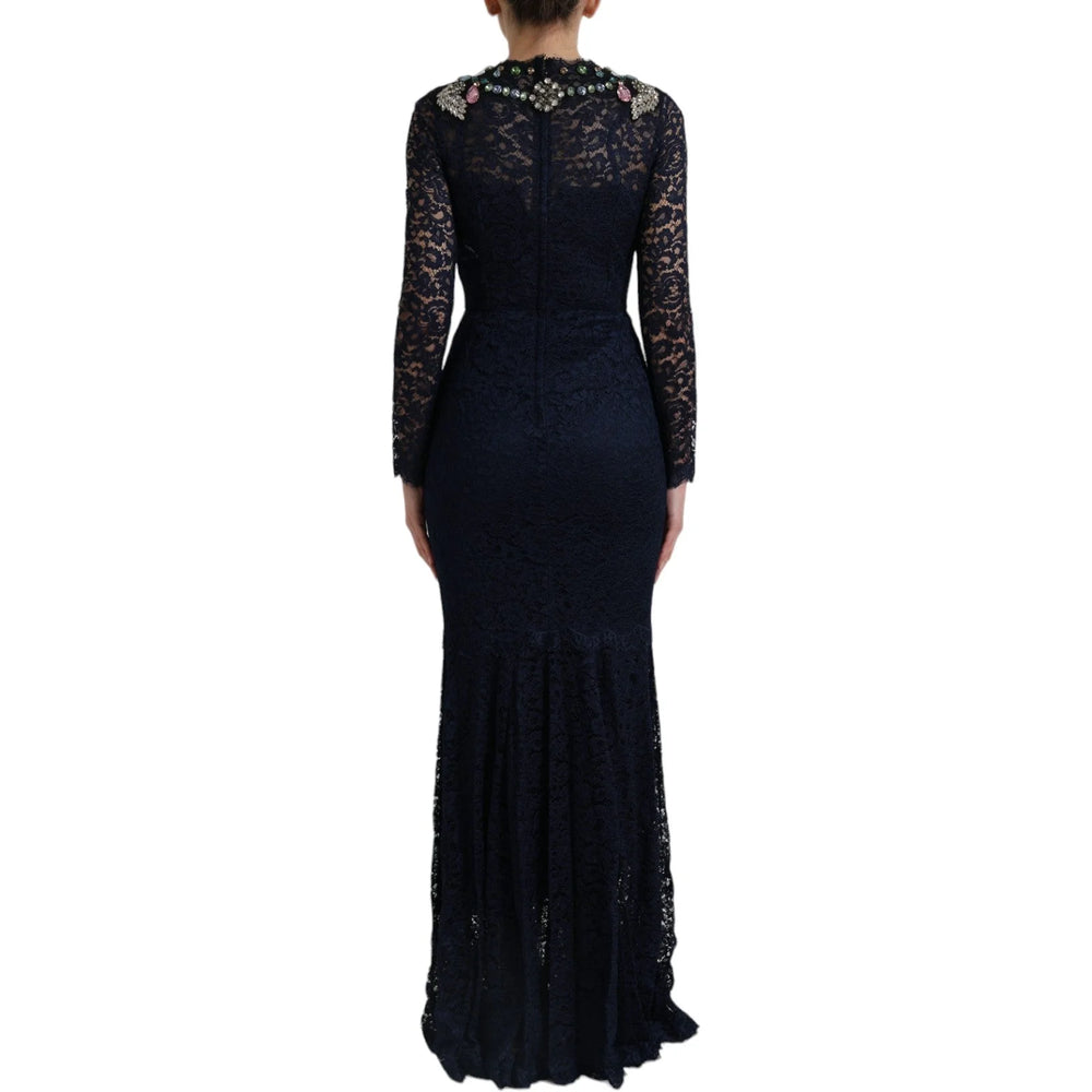 Dolce & Gabbana Blue Crystal Floral Lace Long Gown Dress - IT38|XS - Dresses