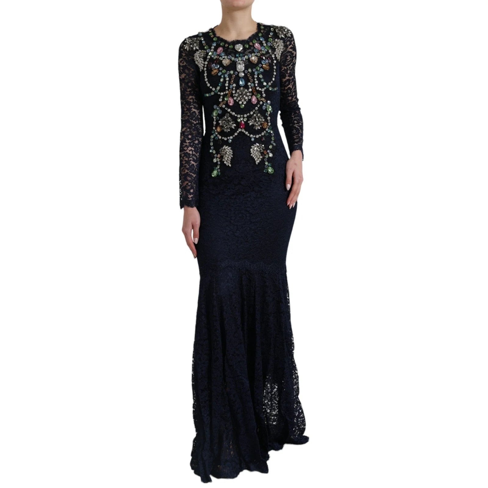 Dolce & Gabbana Blue Crystal Floral Lace Long Gown Dress - IT38|XS - Dresses