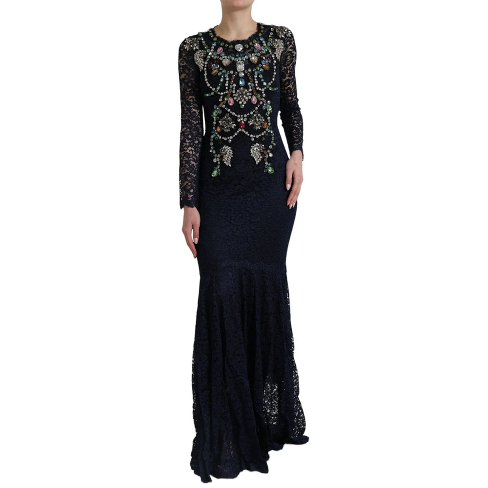 Dolce & Gabbana Blue Crystal Floral Lace Long Gown Dress - IT38|XS - Dresses