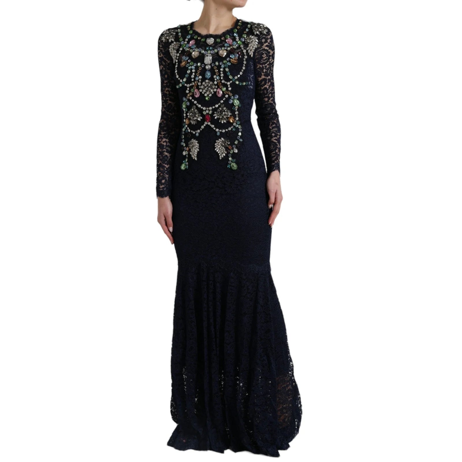 Dolce & Gabbana Blue Crystal Floral Lace Long Gown Dress - IT38|XS - Dresses