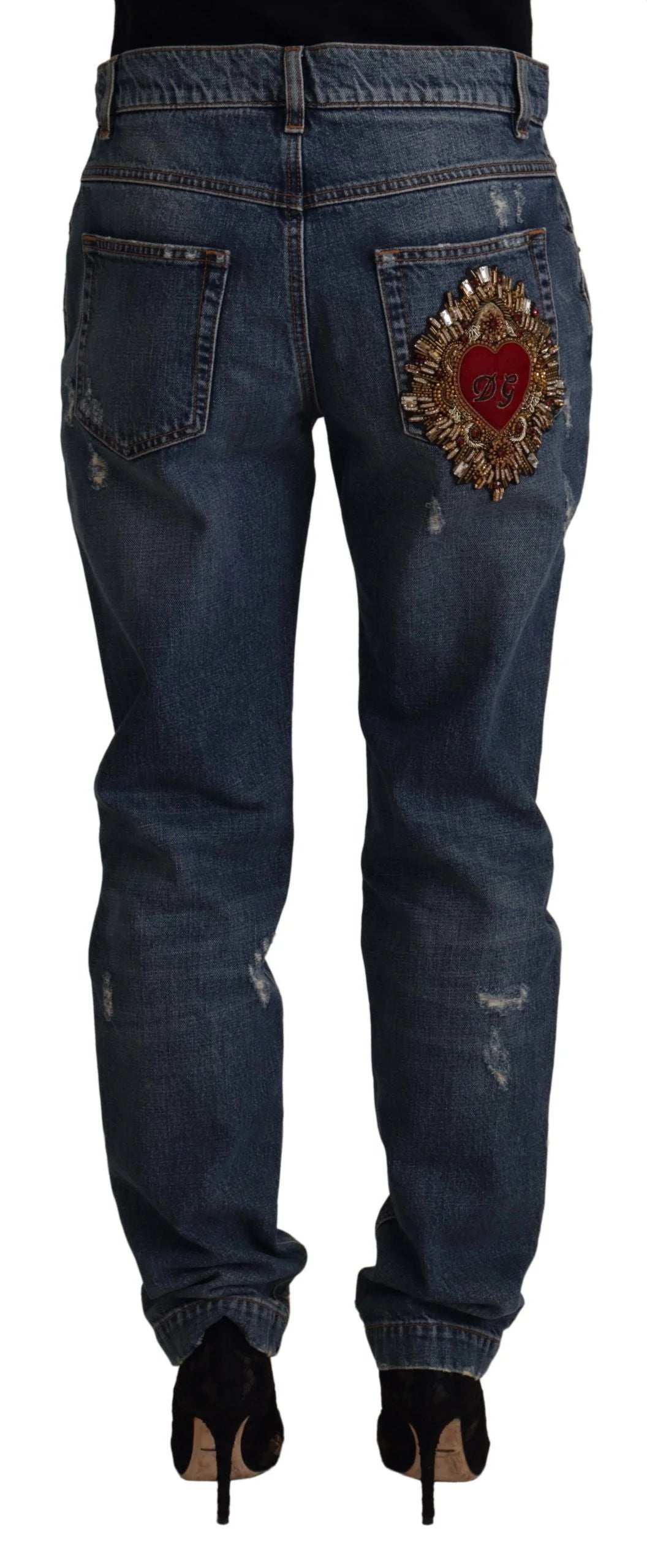 Dolce & Gabbana Blue Denim Baroque Heart Logo Patch Pants Jeans - IT38|XS - Jeans