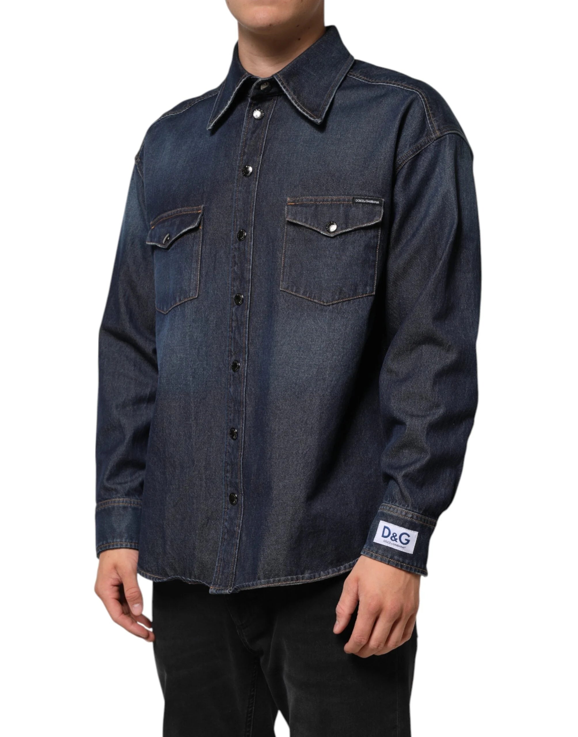 Dolce & Gabbana Blue Denim Button Casual Logo Patch Men Shirt - IT37 | XS - Shirts
