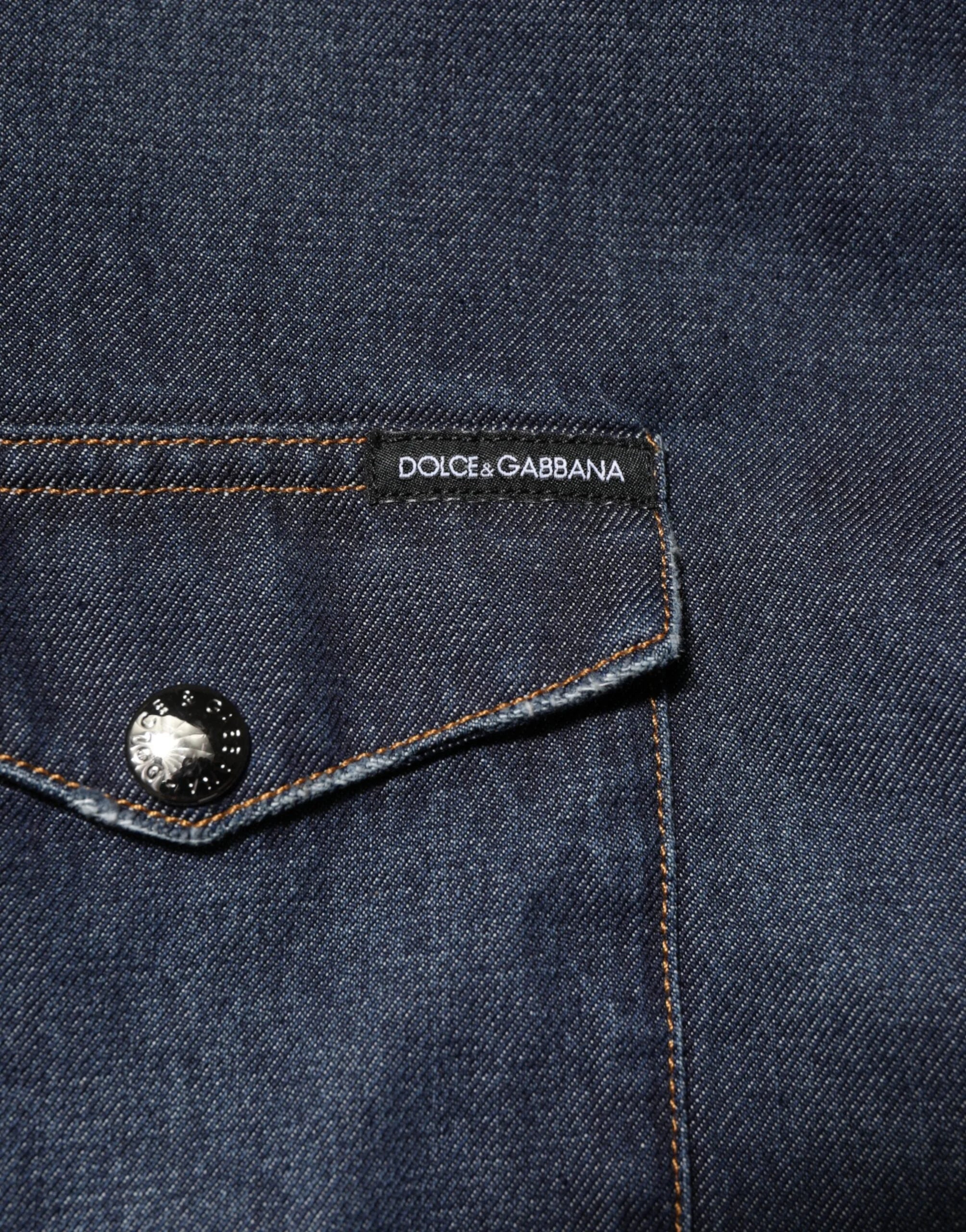 Dolce & Gabbana Blue Denim Button Casual Logo Patch Men Shirt - IT37 | XS - Shirts