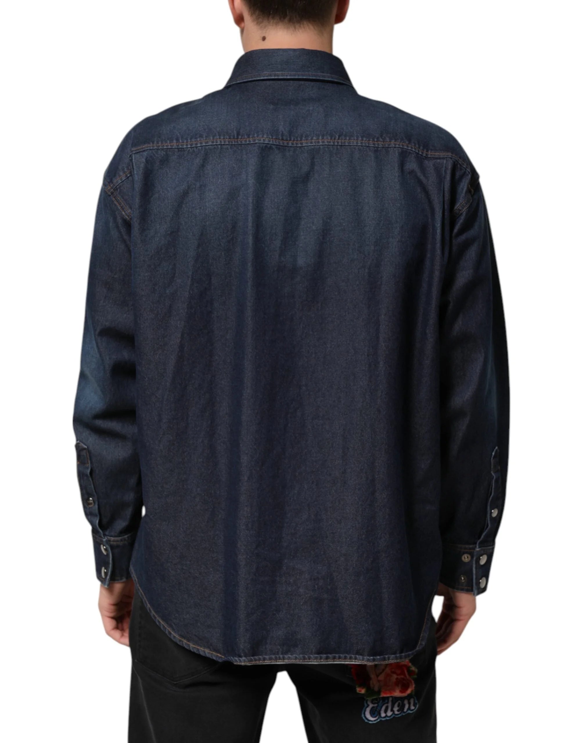 Dolce & Gabbana Blue Denim Button Casual Logo Patch Men Shirt - IT37 | XS - Shirts