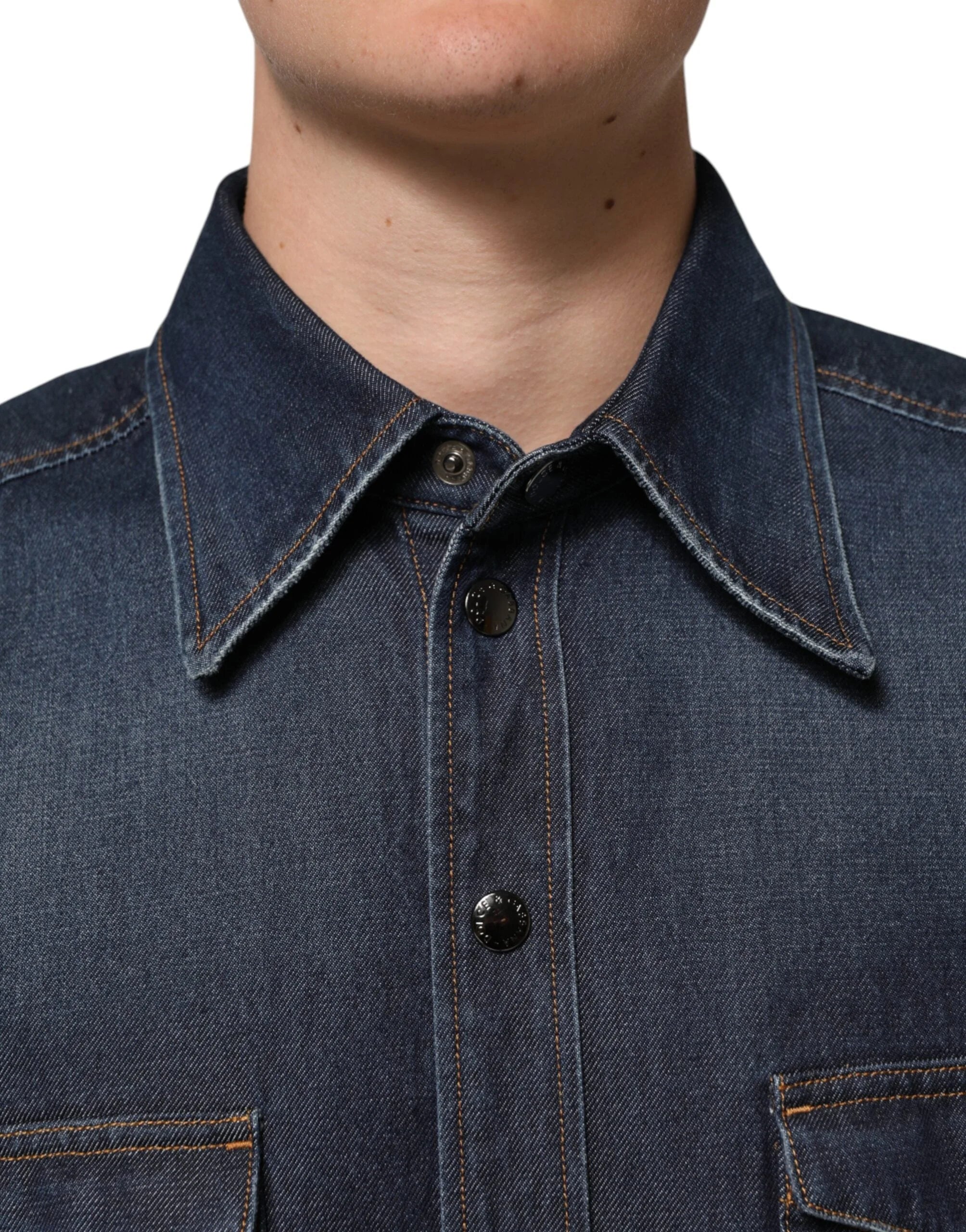 Dolce & Gabbana Blue Denim Button Casual Logo Patch Men Shirt - IT37 | XS - Shirts