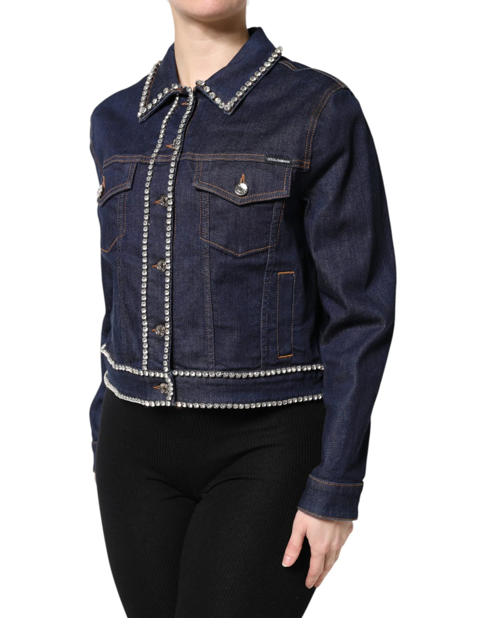 Dolce & Gabbana Blue Denim Cotton Crystal Embellished Jacket - IT44 | L - Trucker Jackets