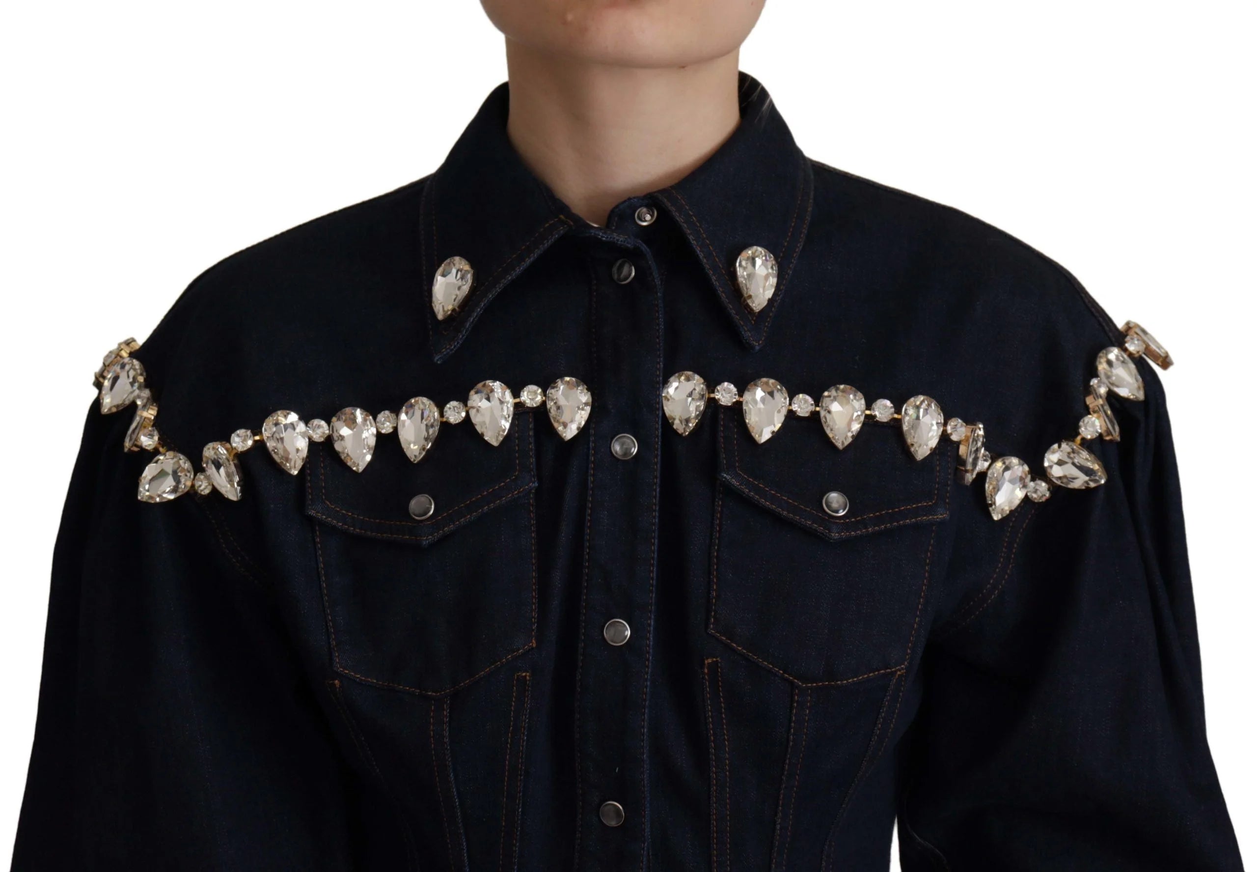Dolce & Gabbana Blue Denim Crystal Embellish Cotton Jacket - Trucker Jackets