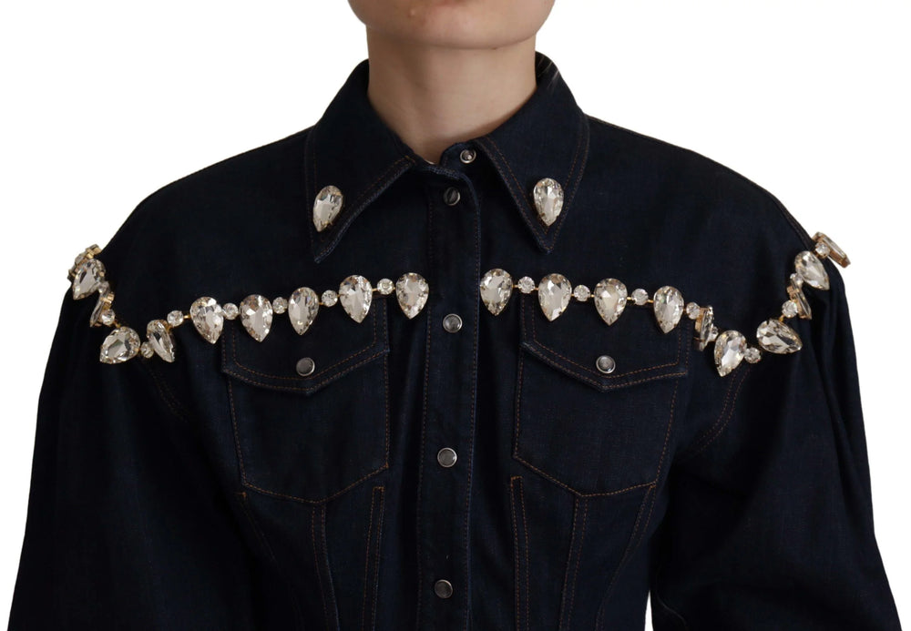 Dolce & Gabbana Blue Denim Crystal Embellish Cotton Jacket - Trucker Jackets